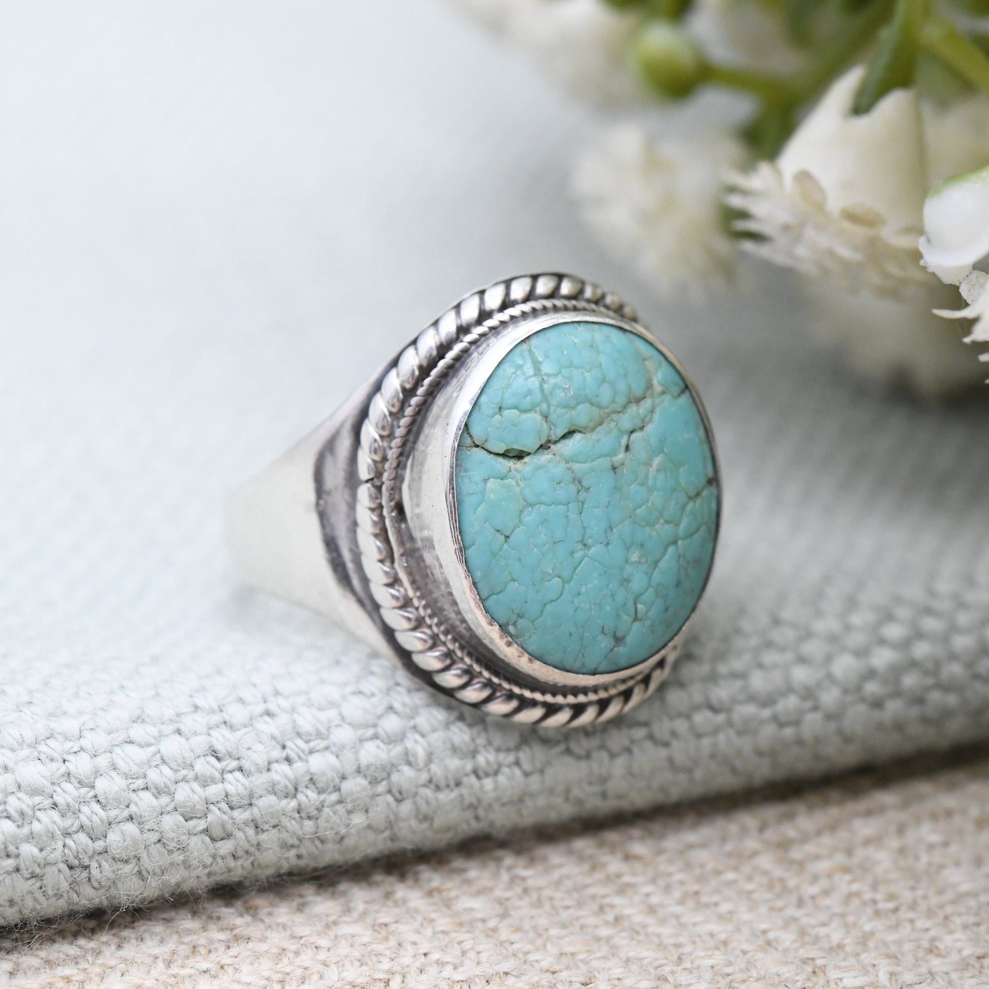 Vintage Sterling Silver Blue Stone Ring with Rope Twist Bezel - Statement Sky Blue Stone | Pitted Cabochon | UK Size - Q | US Size - 8 1/4