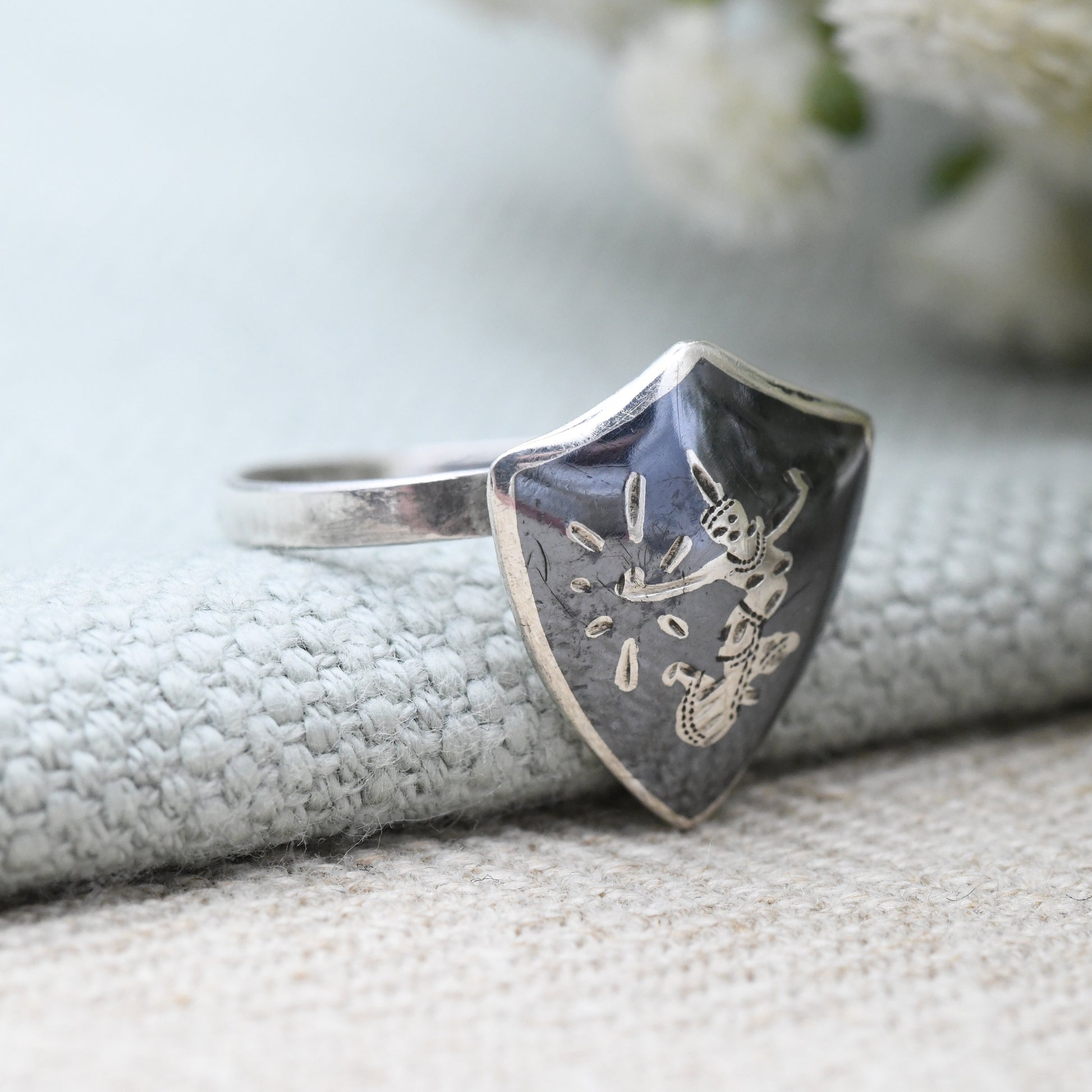 Vintage Siam Sterling Silver Shield Ring - Mekhala Goddess of Lightning | Thailand Black Niello | Adjustable Band | UK Size - Q US Size - 8