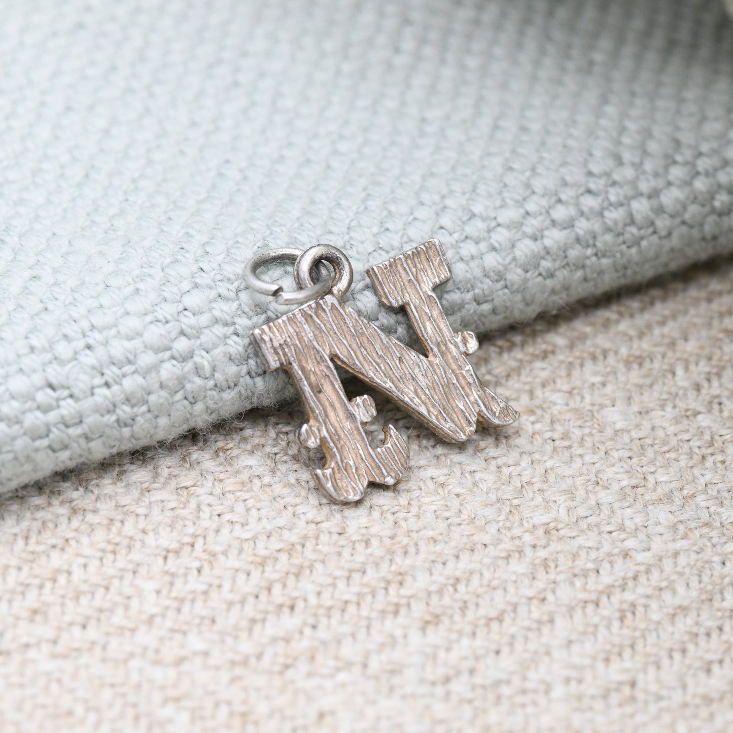 Vintage Sterling Silver Letter N Charm Pendant - N Name Gift | for Charm Bracelet Necklace Stack | Mid-Century Bark Effect