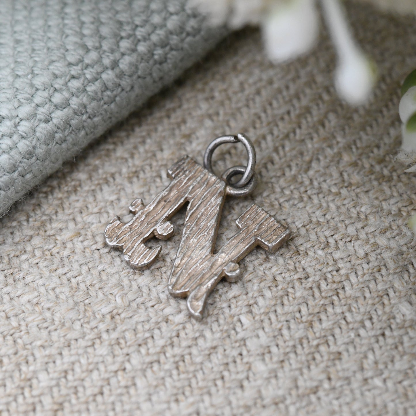 Vintage Sterling Silver Letter N Charm Pendant - N Name Gift | for Charm Bracelet Necklace Stack | Mid-Century Bark Effect