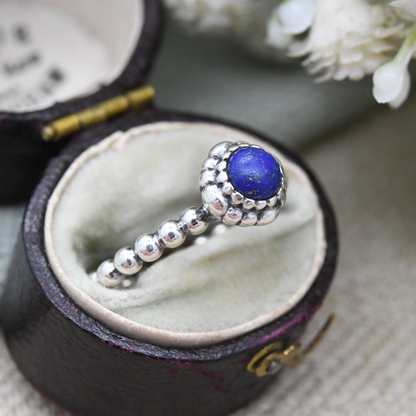 Pandora Sterling Silver Lapis Lazuli Ring with Bubble Band - Pretty Everyday Stacking Solitaire | UK Size - L | US Size - 5 3/4