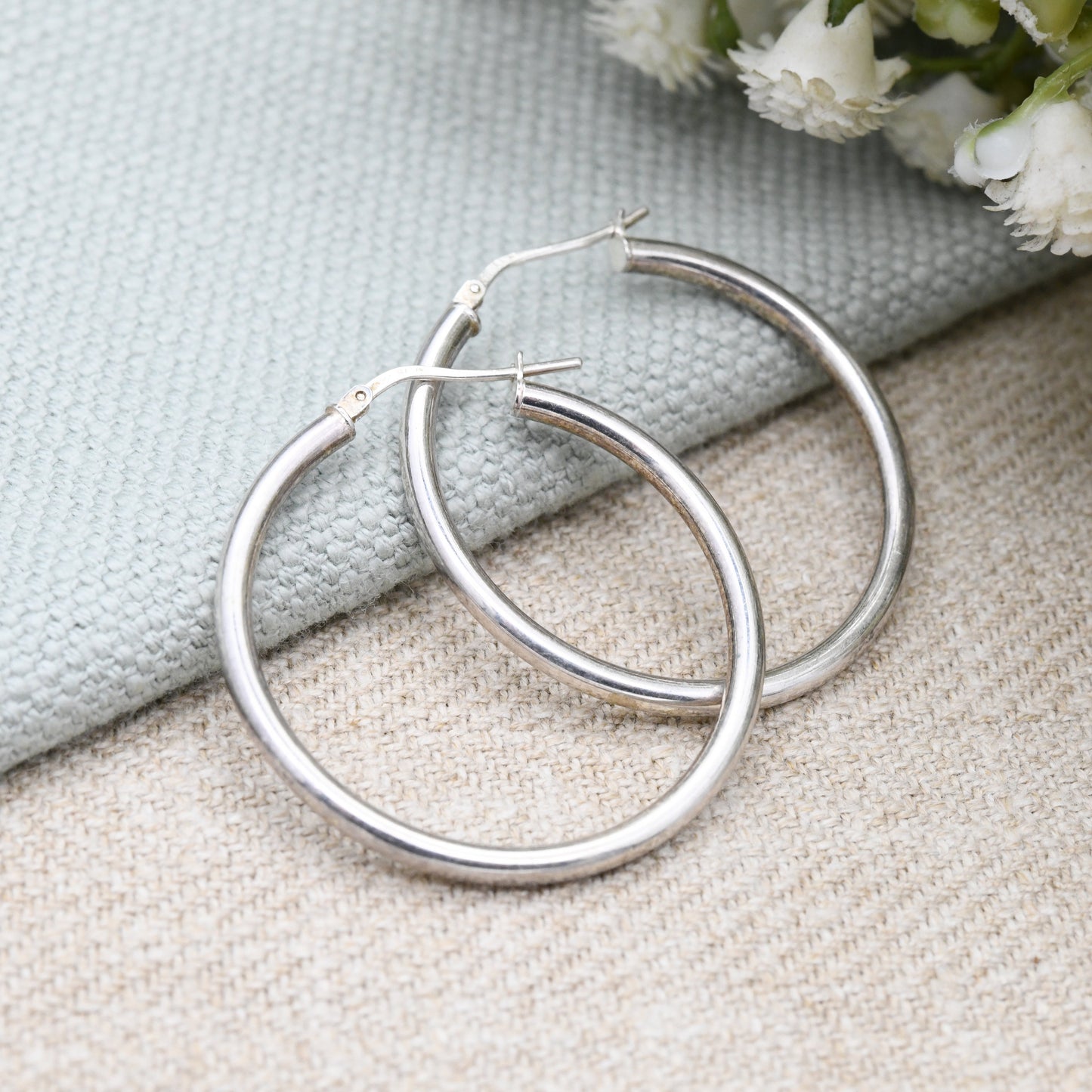 Vintage Sterling Silver Hoop Earrings Large Circular Hoops