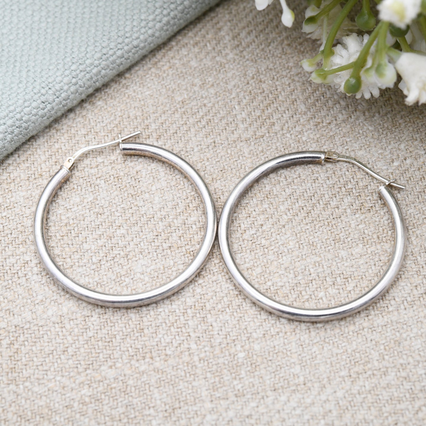 Vintage Sterling Silver Hoop Earrings Large Circular Hoops