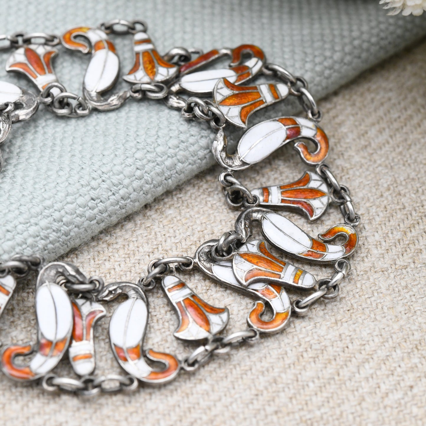 Vintage Egyptian Silver Cobra and Lotus Enamel Panel Link Bracelet - Orange and White | Detailed Flower and Snake Design