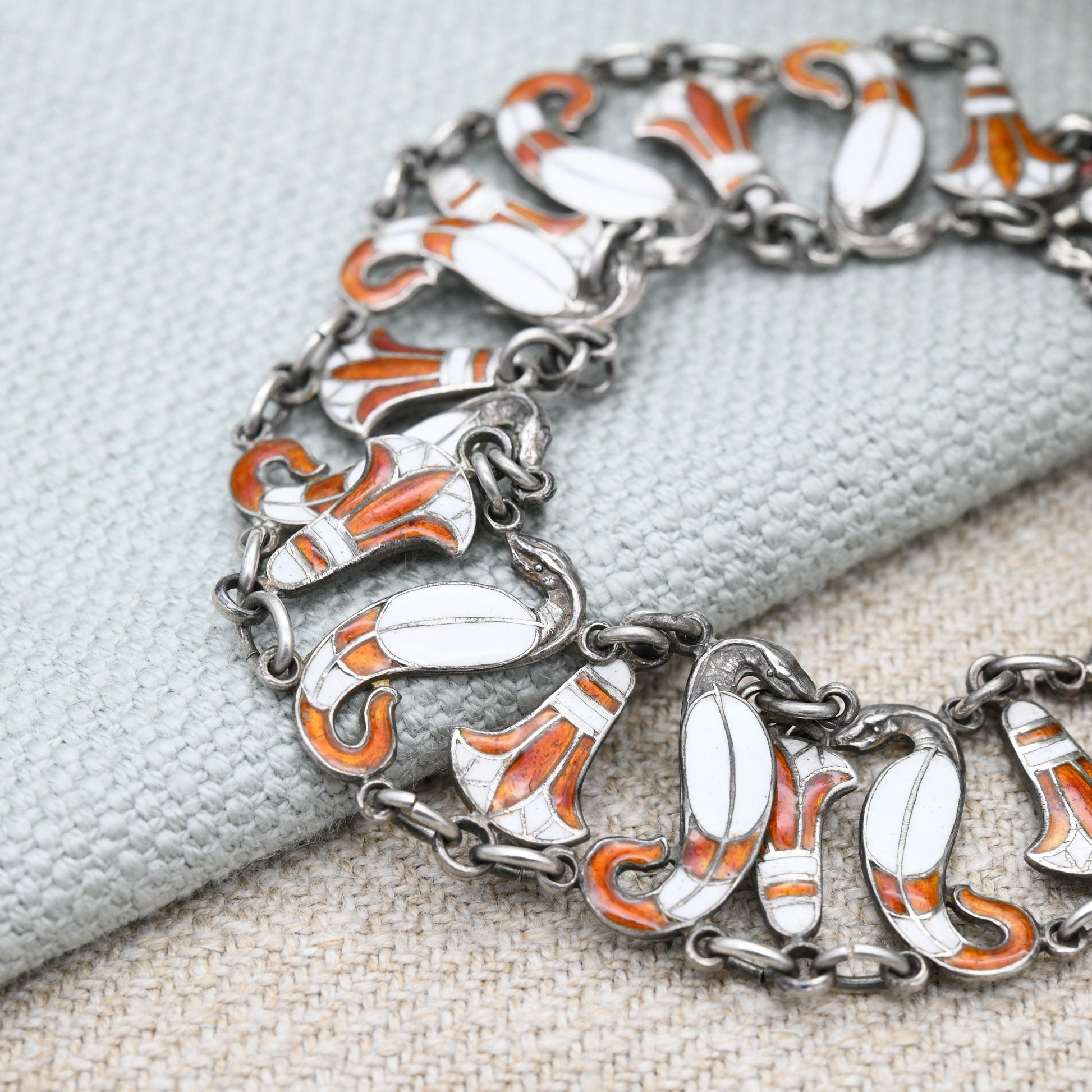 Vintage Egyptian Silver Cobra and Lotus Enamel Panel Link Bracelet - Orange and White | Detailed Flower and Snake Design