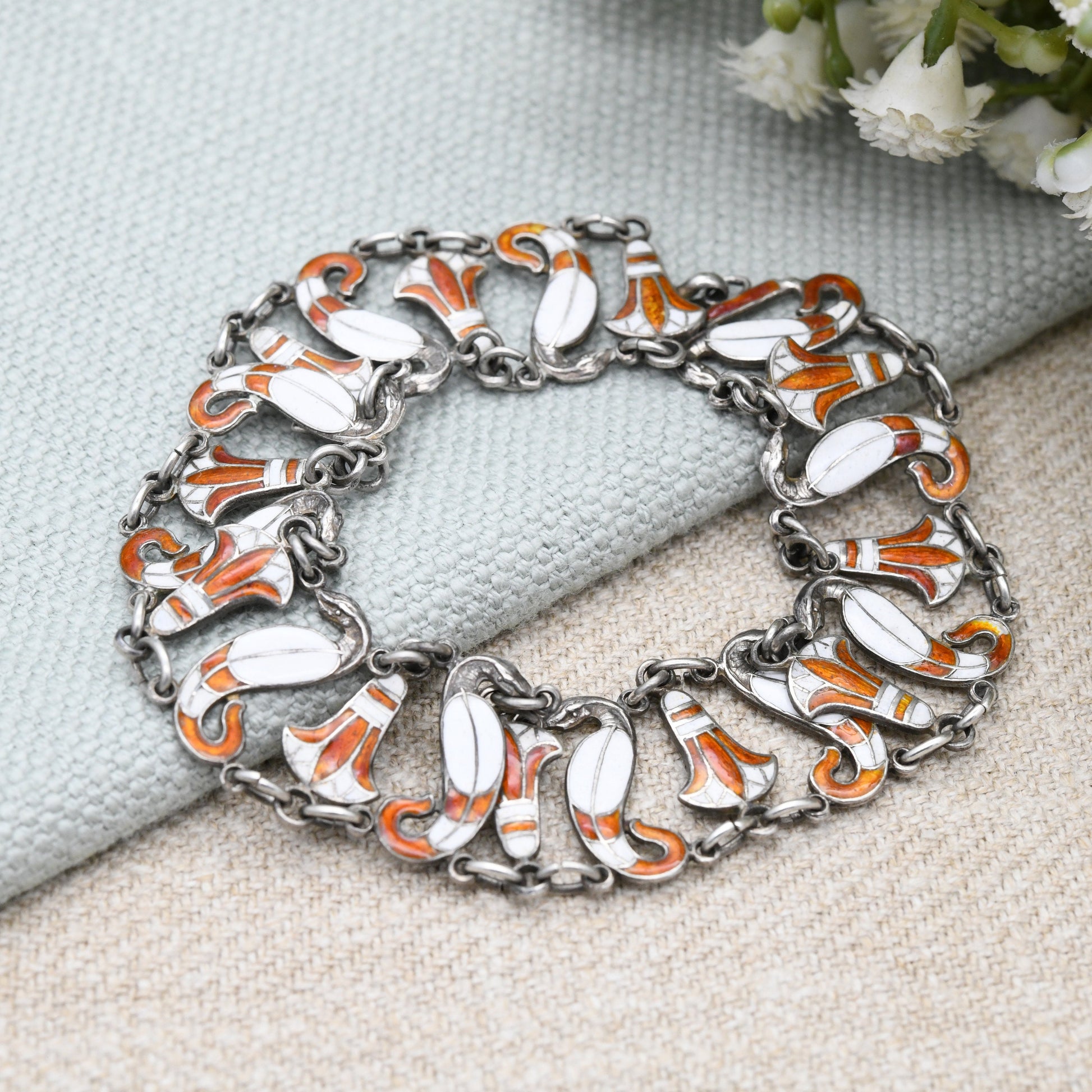 Vintage Egyptian Silver Cobra and Lotus Enamel Panel Link Bracelet - Orange and White | Detailed Flower and Snake Design