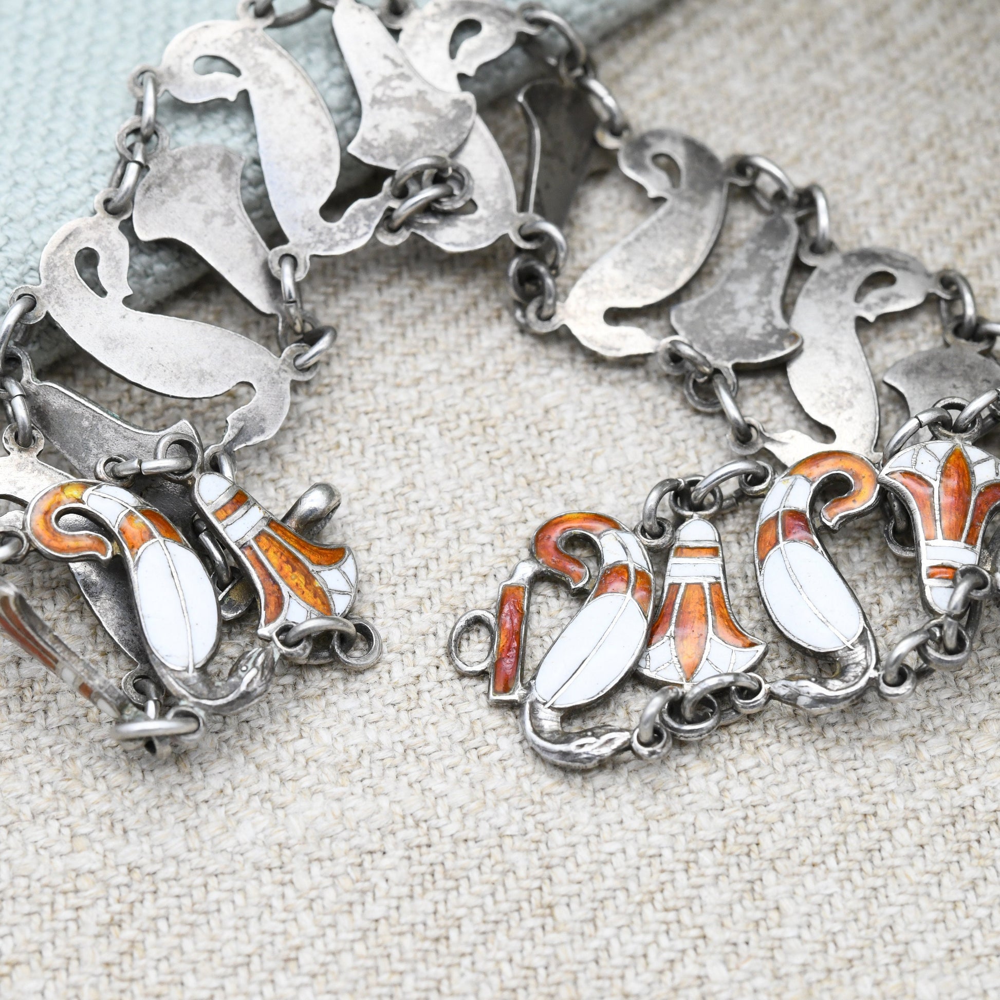 Vintage Egyptian Silver Cobra and Lotus Enamel Panel Link Bracelet - Orange and White | Detailed Flower and Snake Design