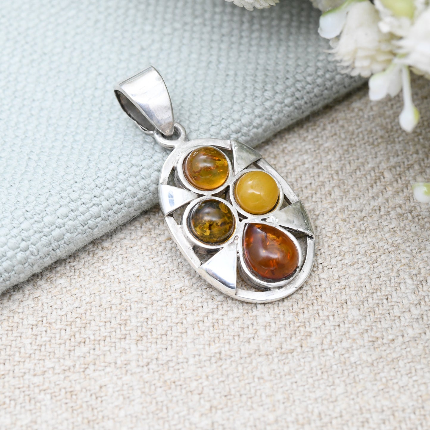 Vintage Sterling Silver Amber Pendant - Mixed Amber Baltic Amber Butterscotch Copal | Colourful Tone | Statement Jewellery Teardrop Cabochon