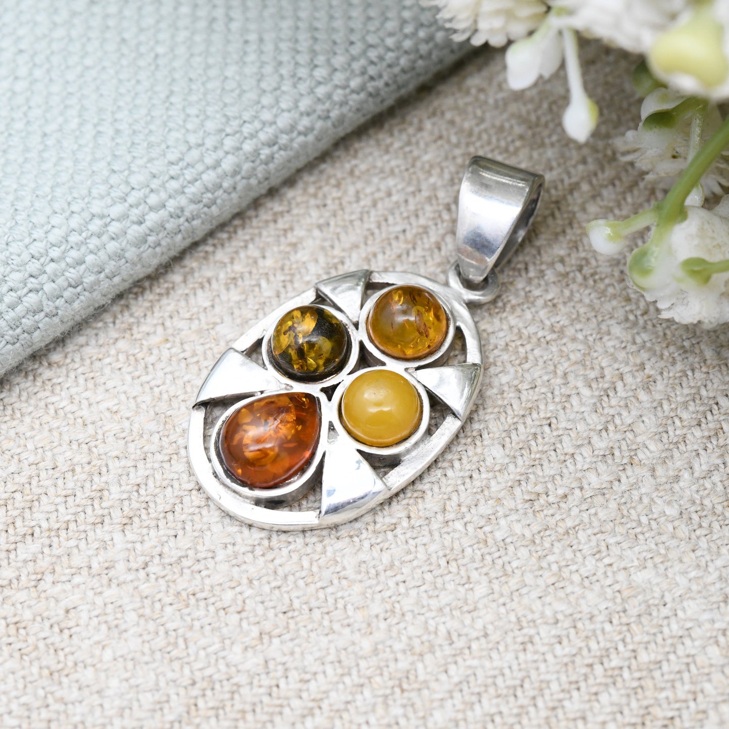 Vintage Sterling Silver Amber Pendant - Mixed Amber Baltic Amber Butterscotch Copal | Colourful Tone | Statement Jewellery Teardrop Cabochon