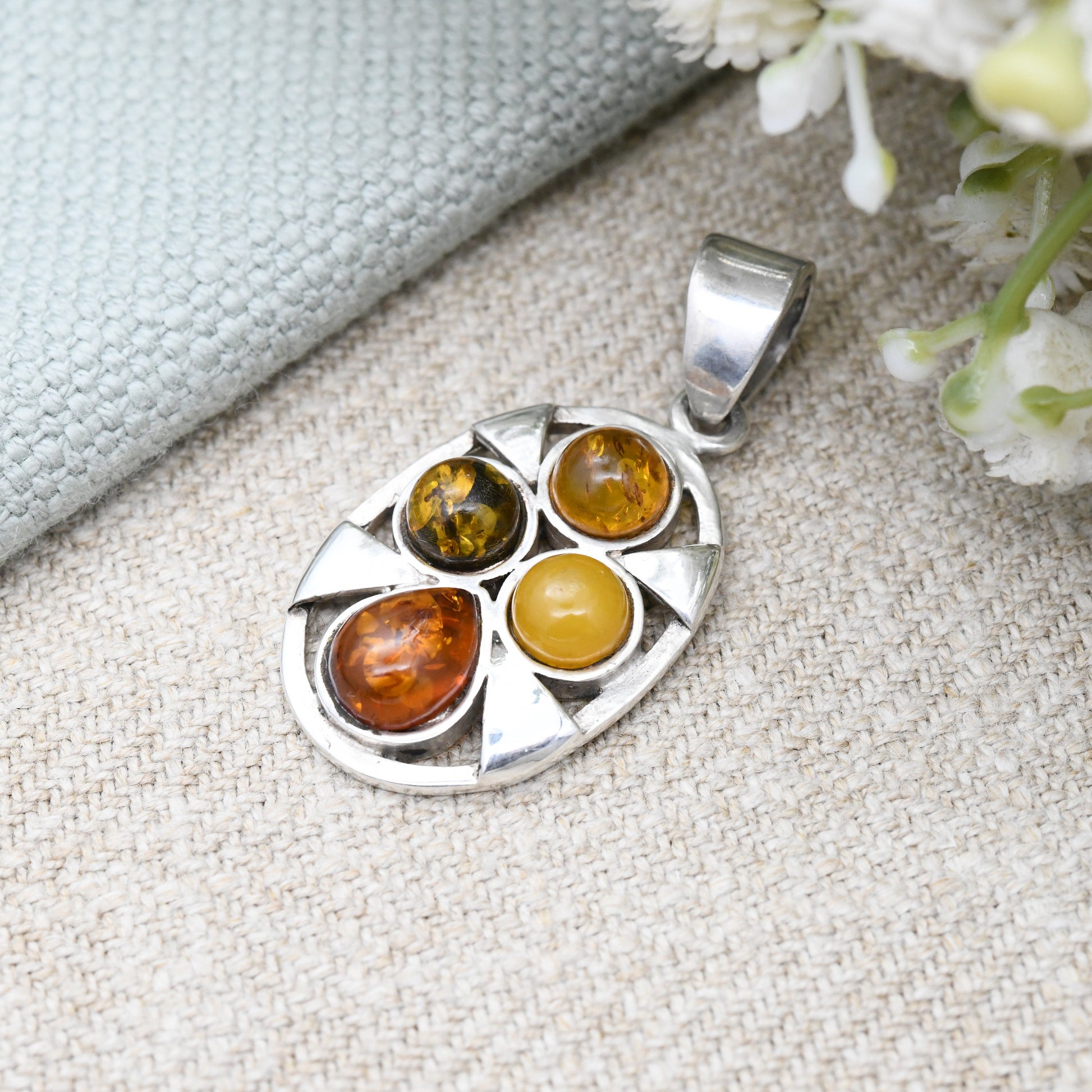 Vintage Sterling Silver Amber Pendant - Mixed Amber Baltic Amber Butterscotch Copal | Colourful Tone | Statement Jewellery Teardrop Cabochon