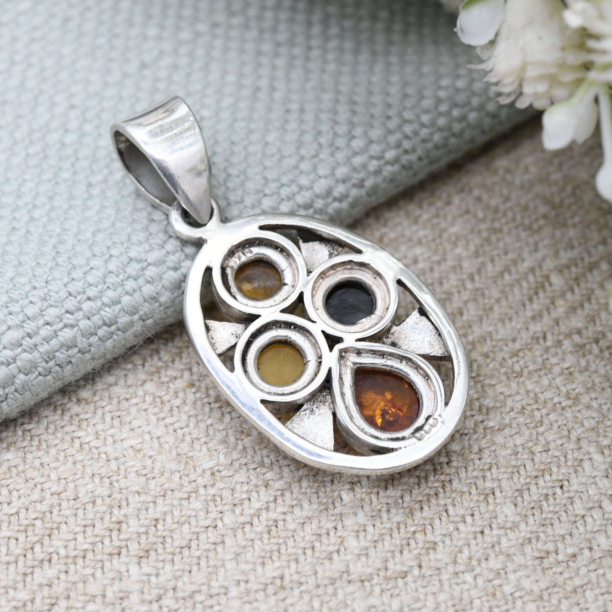 Vintage Sterling Silver Amber Pendant - Mixed Amber Baltic Amber Butterscotch Copal | Colourful Tone | Statement Jewellery Teardrop Cabochon