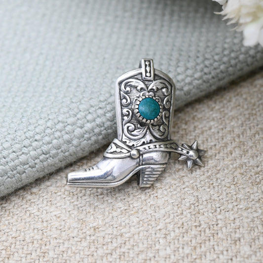 Vintage Sterling Silver Turquoise Cowboy Boot Brooch with Spur - Southwestern Design | American Shoe Pin with Blue Stone