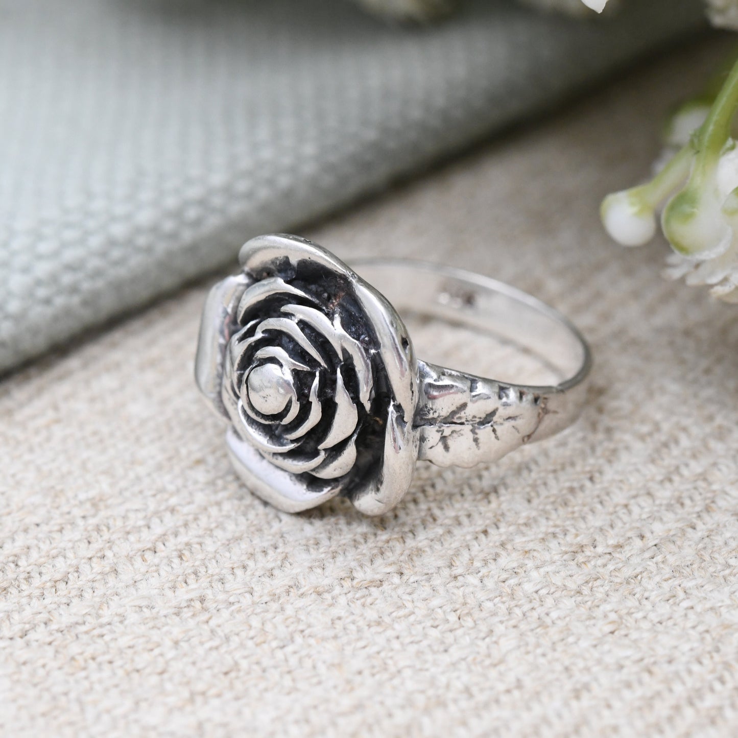 Vintage Sterling Silver Rose Ring - Chunky Flower Floral Shape | Floral Formed Solid Silver | UK Size - O 1/2 | US Size - 7 1/2