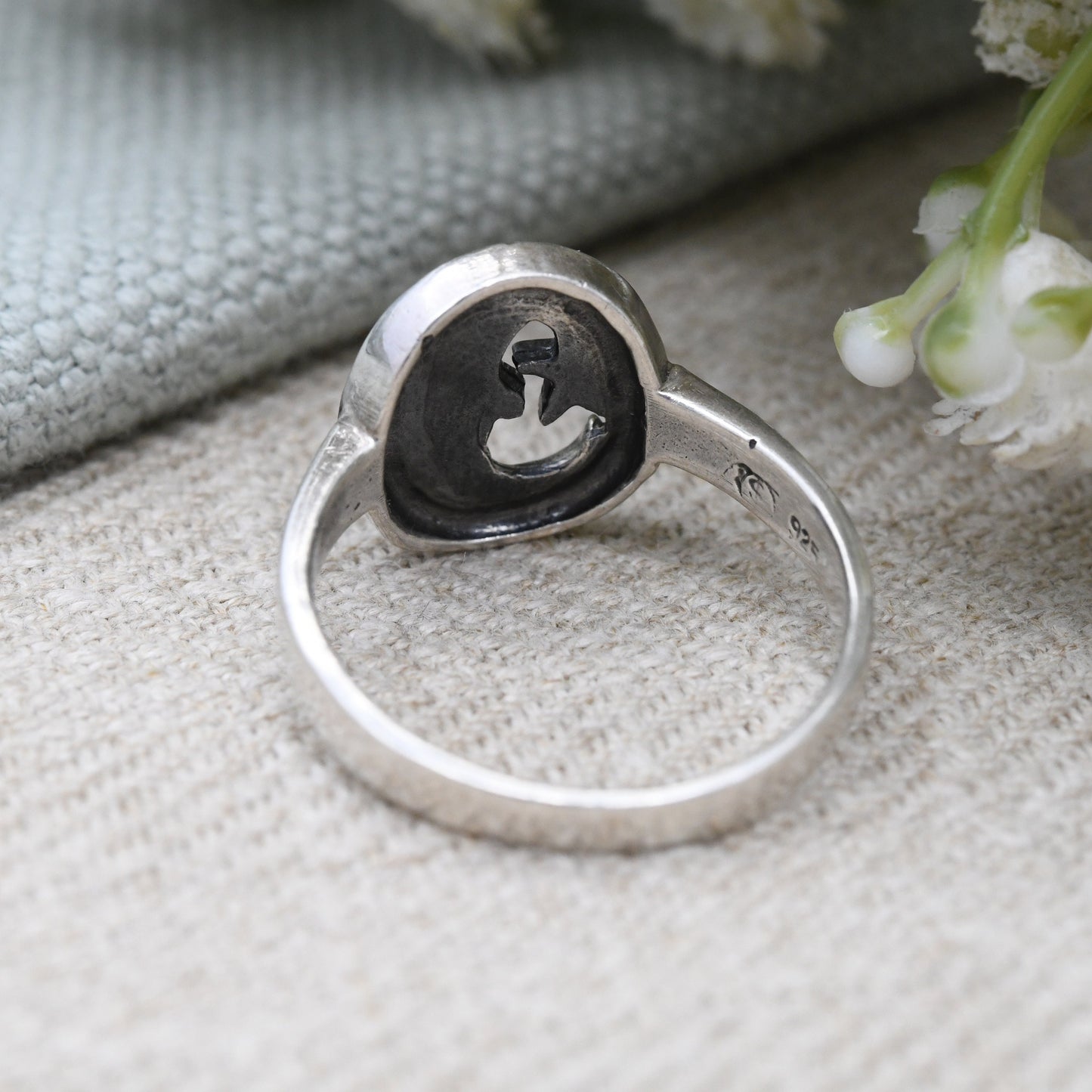 Sterling Silver Crescent Moon Face Ring - Circle Moonface | Pretty Celestial Moon and Star | Large Size | UK Size - U | US Size - 10