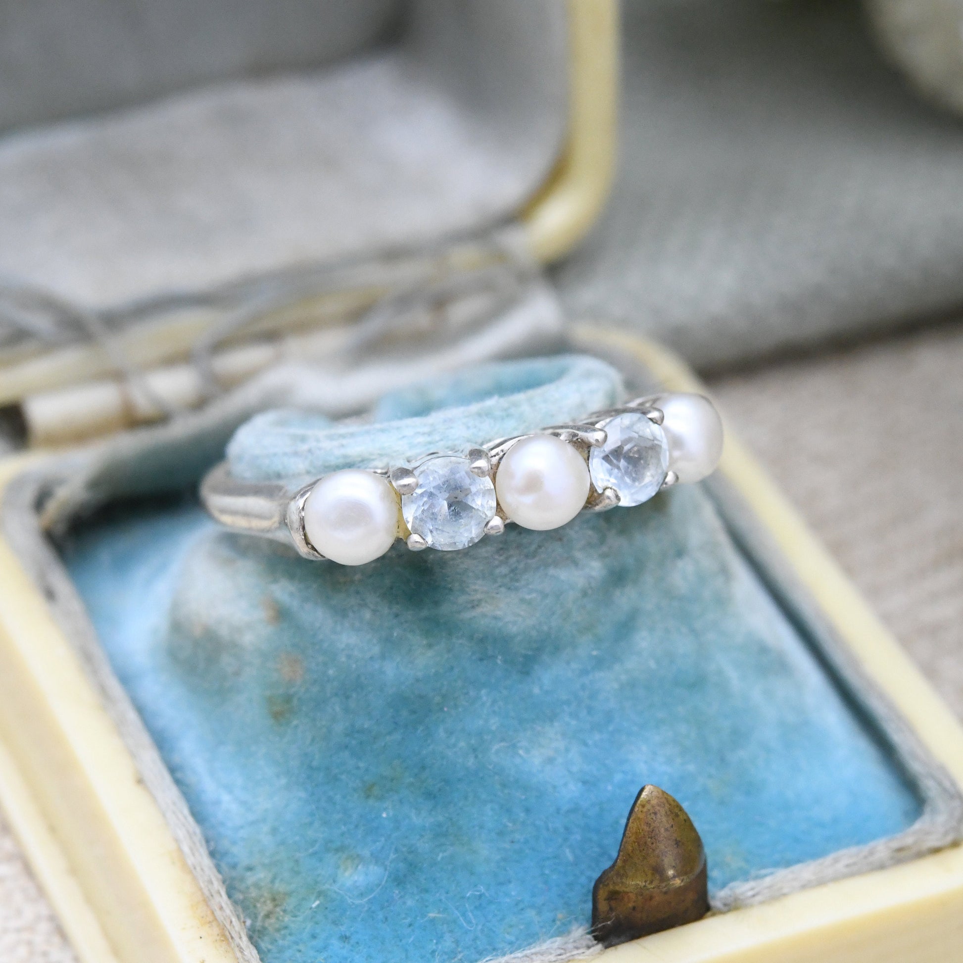 Sterling Silver Pearl Five Stone Ring - Pretty Delicate Jewellery 5 Stones Light Blue | UK Size - L | US Size - 5 3/4