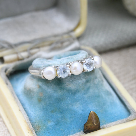 Sterling Silver Pearl Five Stone Ring - Pretty Delicate Jewellery 5 Stones Light Blue | UK Size - L | US Size - 5 3/4