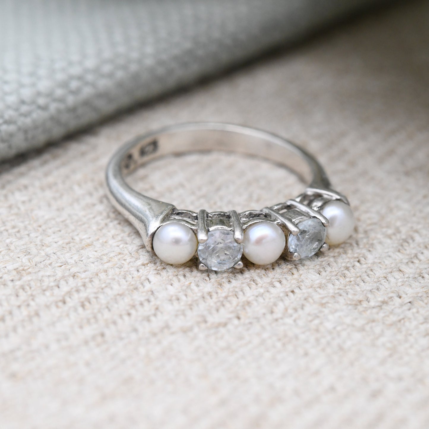 Sterling Silver Pearl Five Stone Ring - Pretty Delicate Jewellery 5 Stones Light Blue | UK Size - L | US Size - 5 3/4