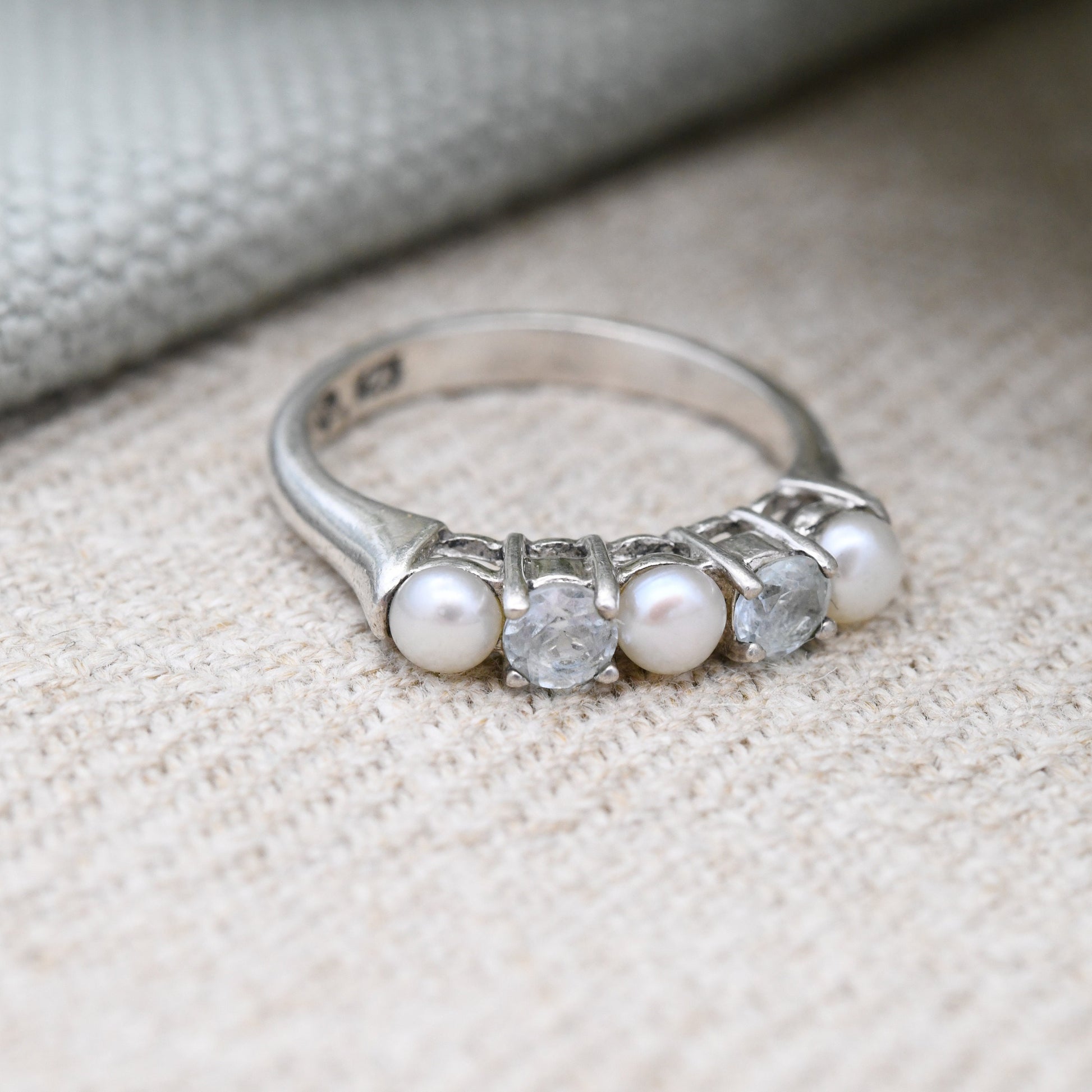 Sterling Silver Pearl Five Stone Ring - Pretty Delicate Jewellery 5 Stones Light Blue | UK Size - L | US Size - 5 3/4