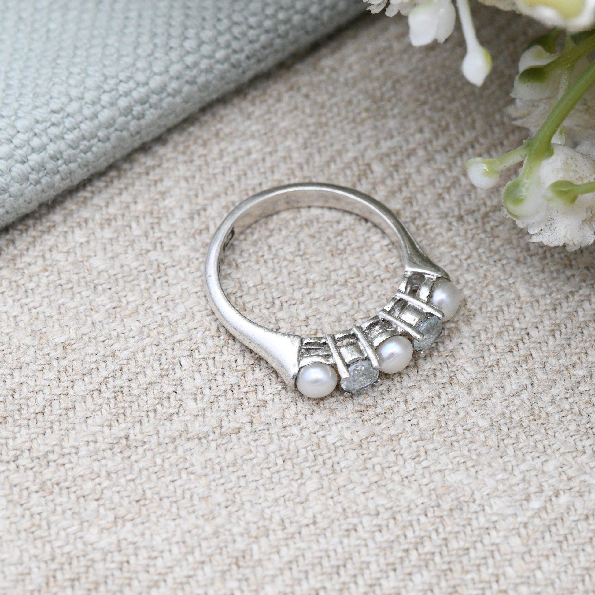 Sterling Silver Pearl Five Stone Ring - Pretty Delicate Jewellery 5 Stones Light Blue | UK Size - L | US Size - 5 3/4