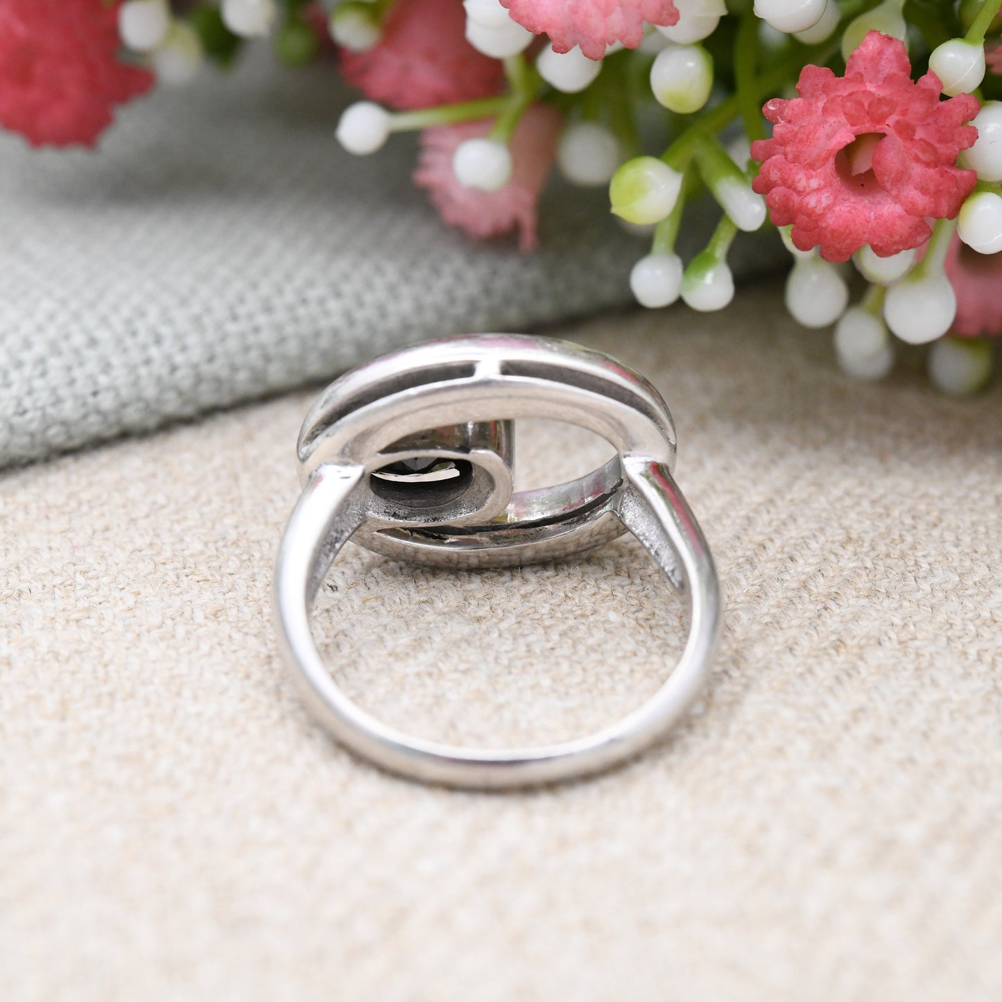 Sterling Silver Hematite Solitaire Ring with Quirky Modern Design - Oval Hoop Suspended Gemstone | UK Size - P | US Size - 7 1/2