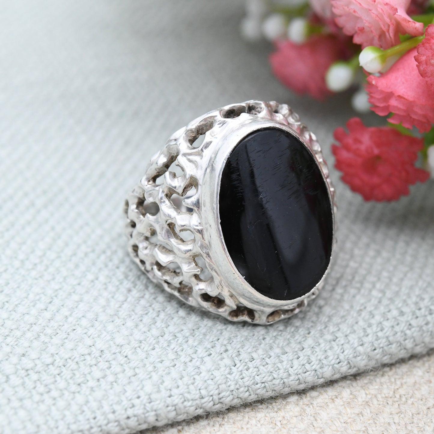 Vintage Brutalist Sterling Silver Onyx Ring 1970 - Large Statement Signet | Dramatic Mid-Century Textured | UK Size - R | US Size - 8 1/2