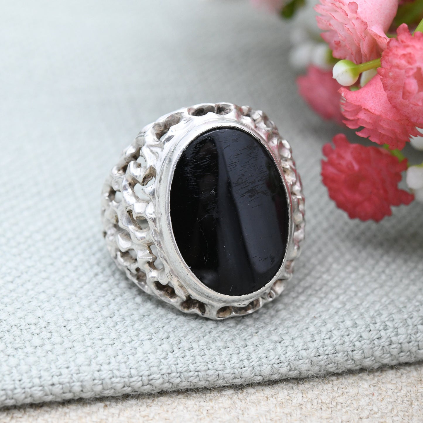 Vintage Brutalist Sterling Silver Onyx Ring 1970 - Large Statement Signet | Dramatic Mid-Century Textured | UK Size - R | US Size - 8 1/2