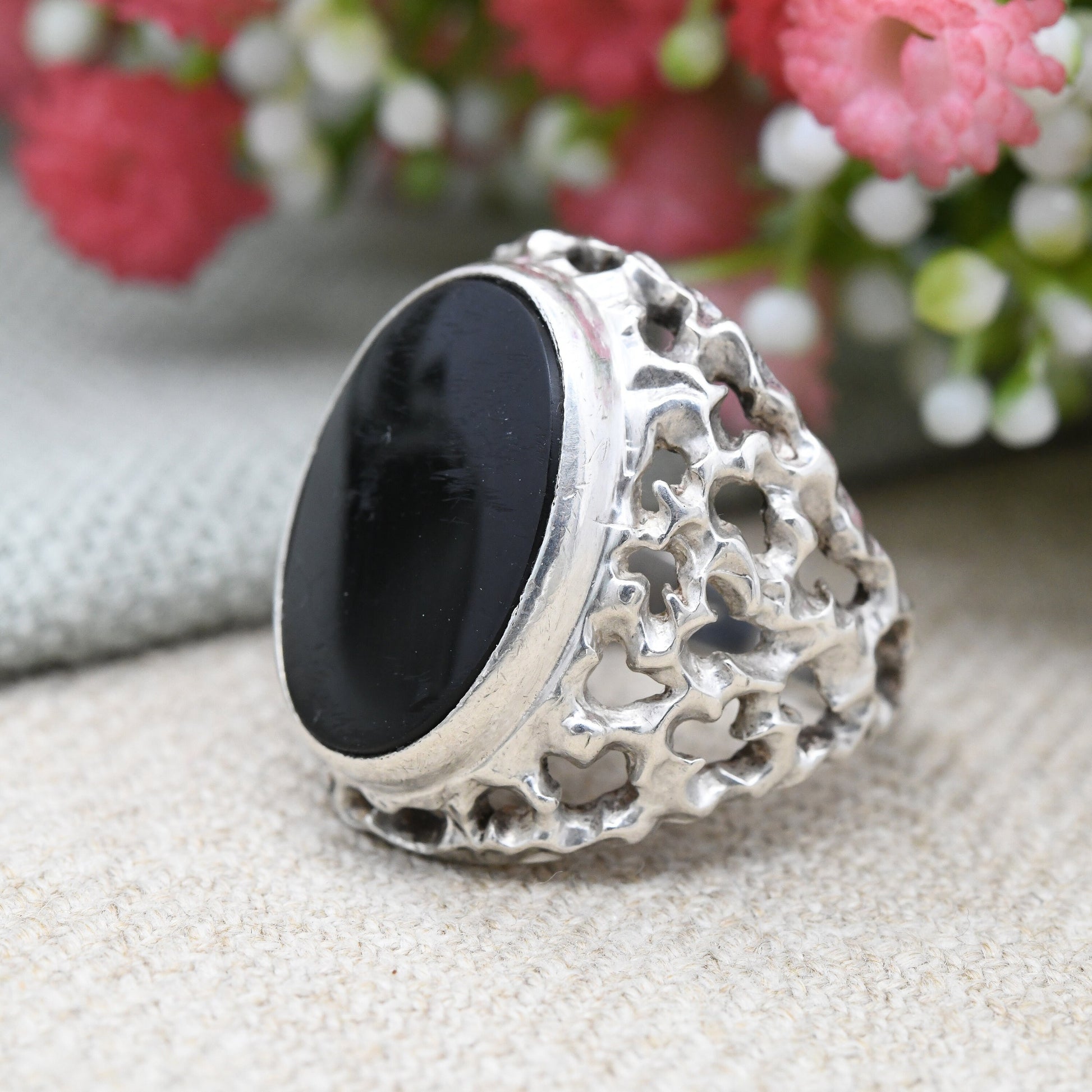 Vintage Brutalist Sterling Silver Onyx Ring 1970 - Large Statement Signet | Dramatic Mid-Century Textured | UK Size - R | US Size - 8 1/2