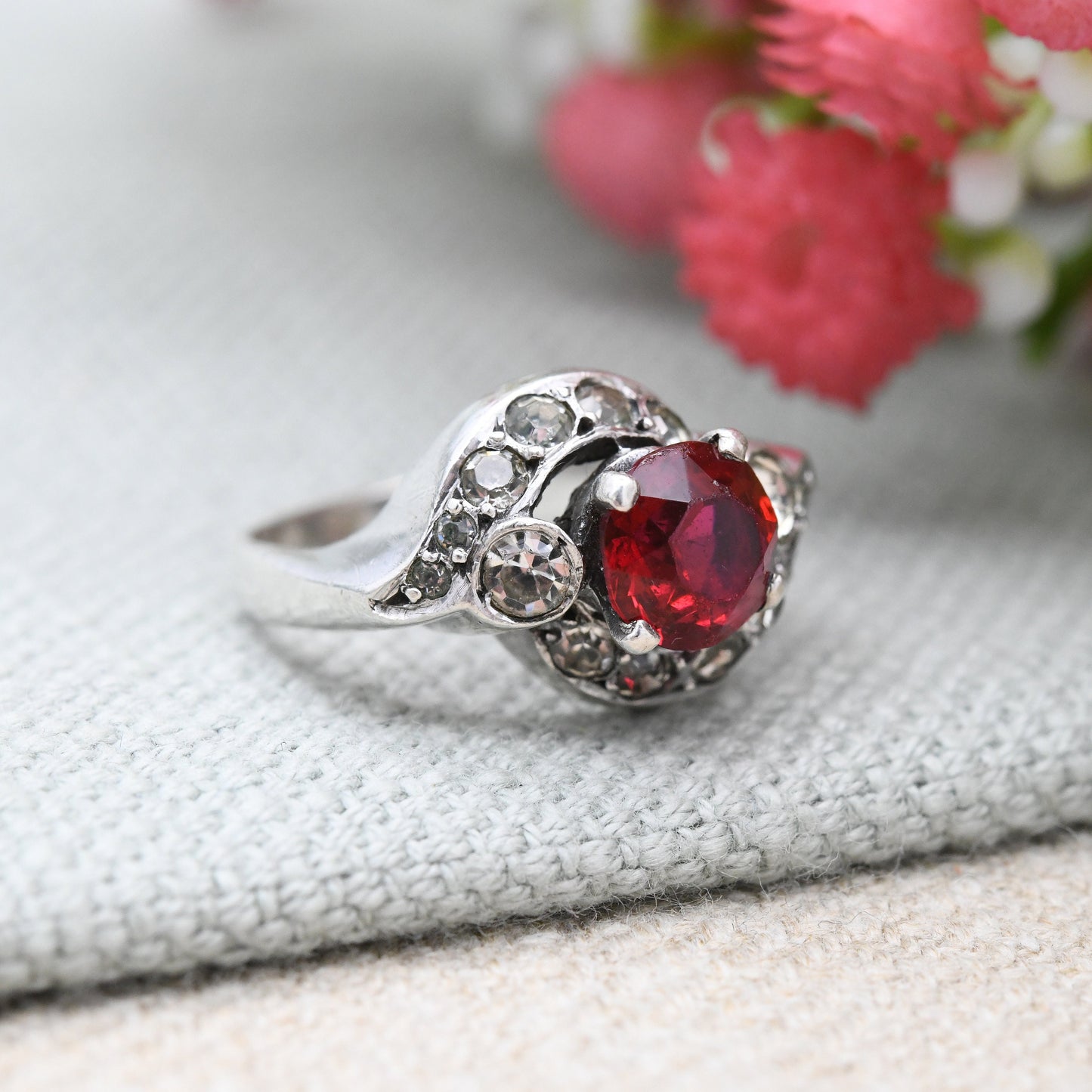 Antique Art Deco Silver Red Paste Ring - Sparkly Graduated Clear Paste | Bypass Style Statement Cocktail | UK Size - L | US Size - 5 3/4