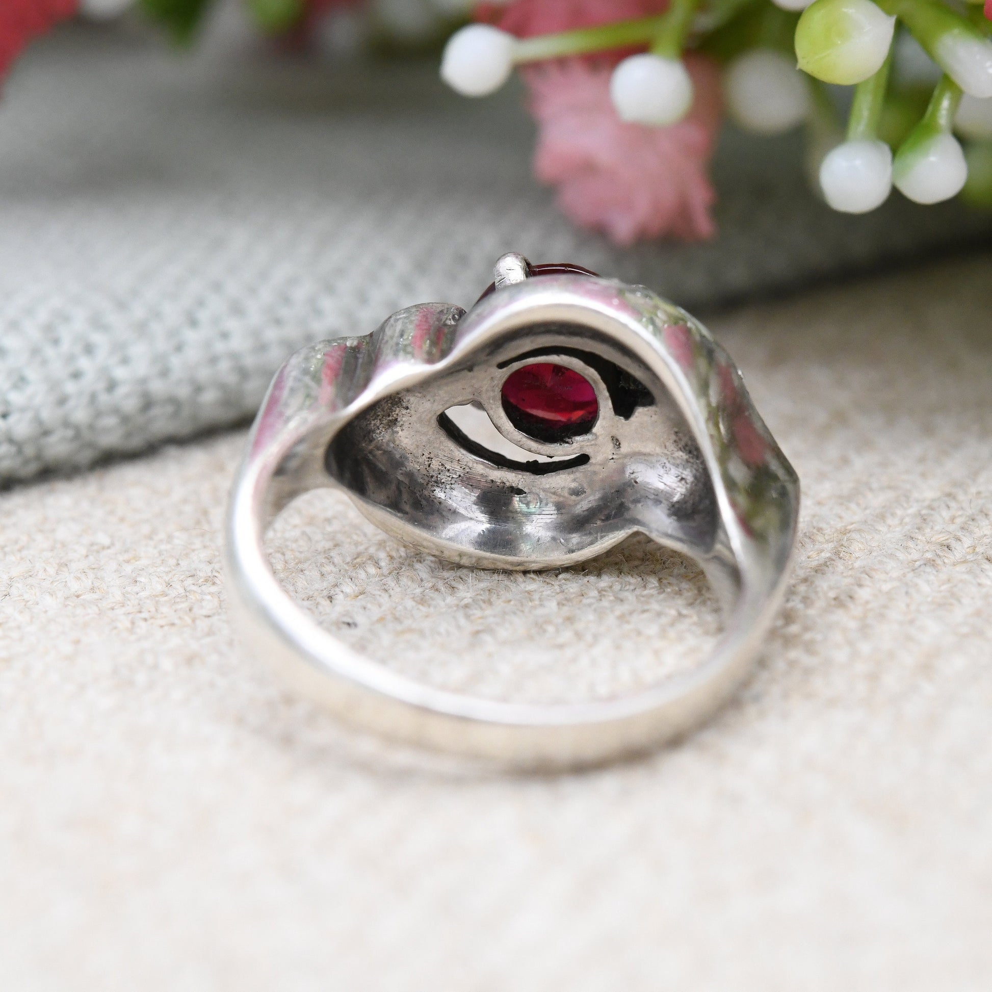 Antique Art Deco Silver Red Paste Ring - Sparkly Graduated Clear Paste | Bypass Style Statement Cocktail | UK Size - L | US Size - 5 3/4