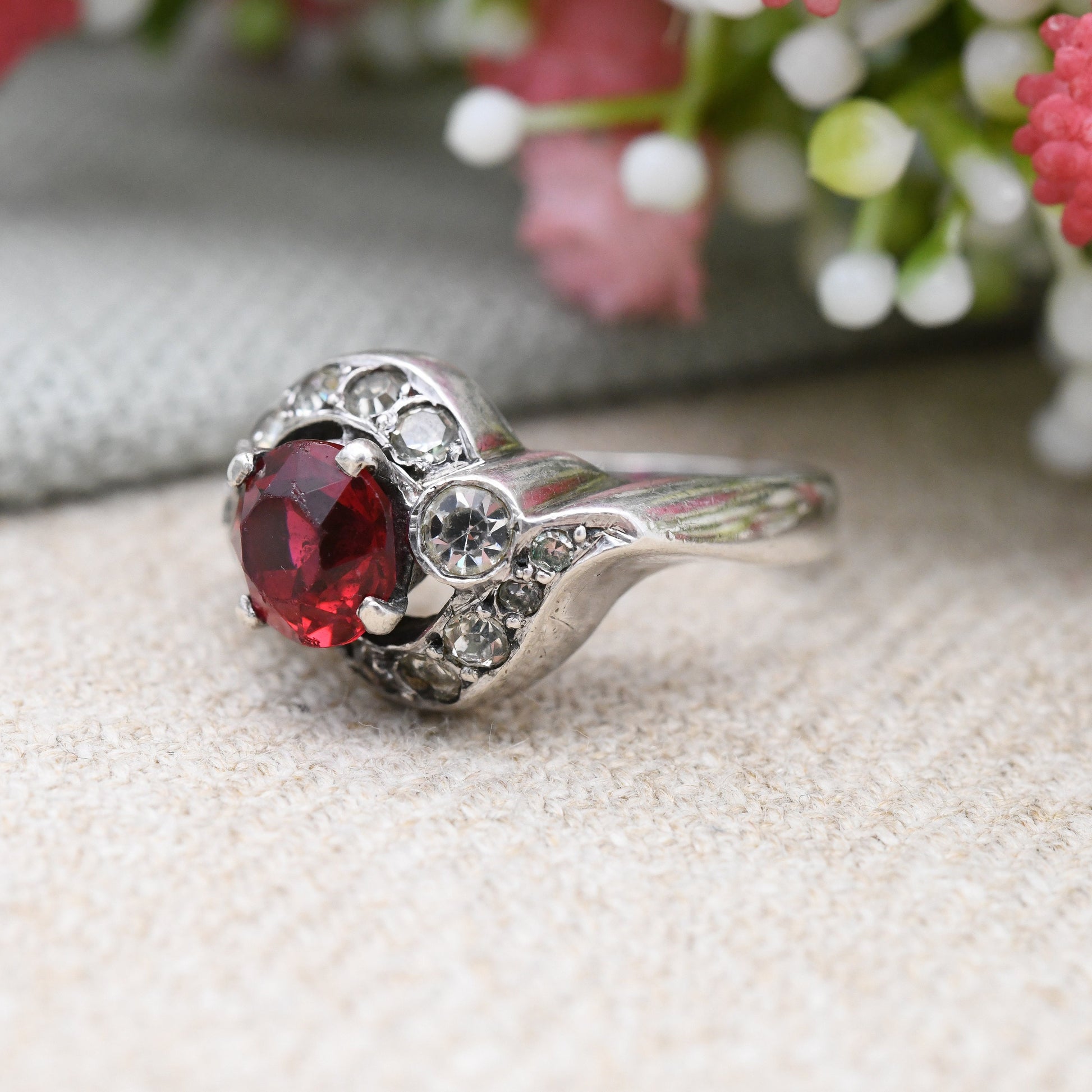 Antique Art Deco Silver Red Paste Ring - Sparkly Graduated Clear Paste | Bypass Style Statement Cocktail | UK Size - L | US Size - 5 3/4