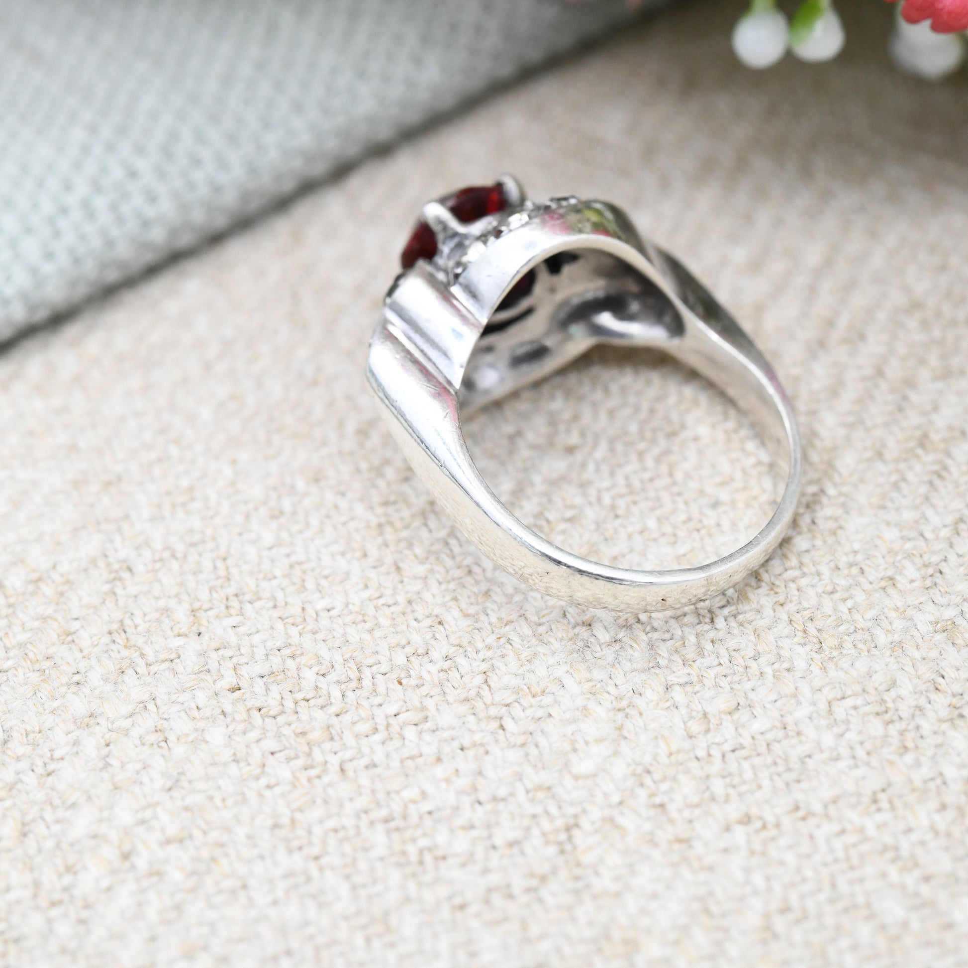 Antique Art Deco Silver Red Paste Ring - Sparkly Graduated Clear Paste | Bypass Style Statement Cocktail | UK Size - L | US Size - 5 3/4