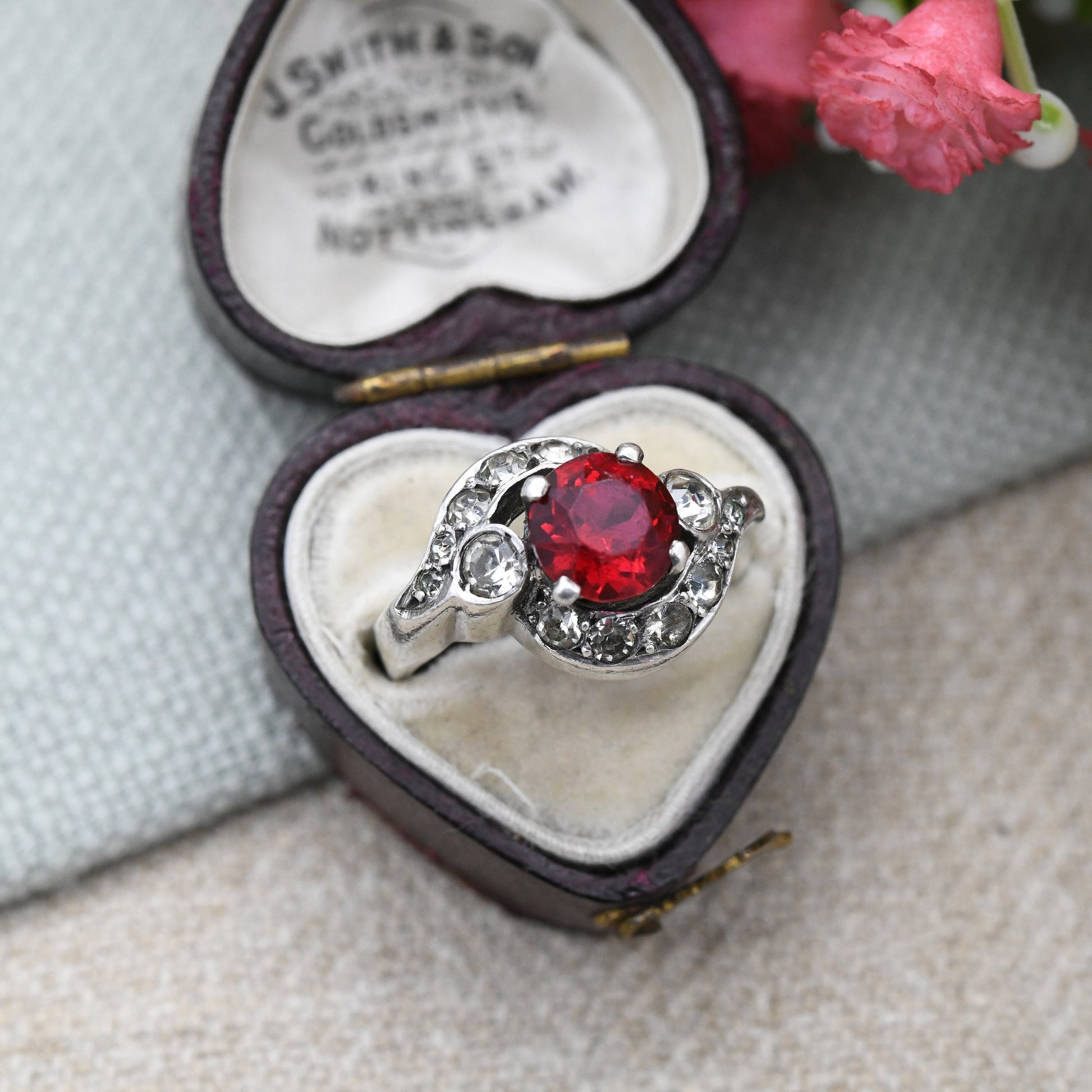 Antique Art Deco Silver Red Paste Ring - Sparkly Graduated Clear Paste | Bypass Style Statement Cocktail | UK Size - L | US Size - 5 3/4