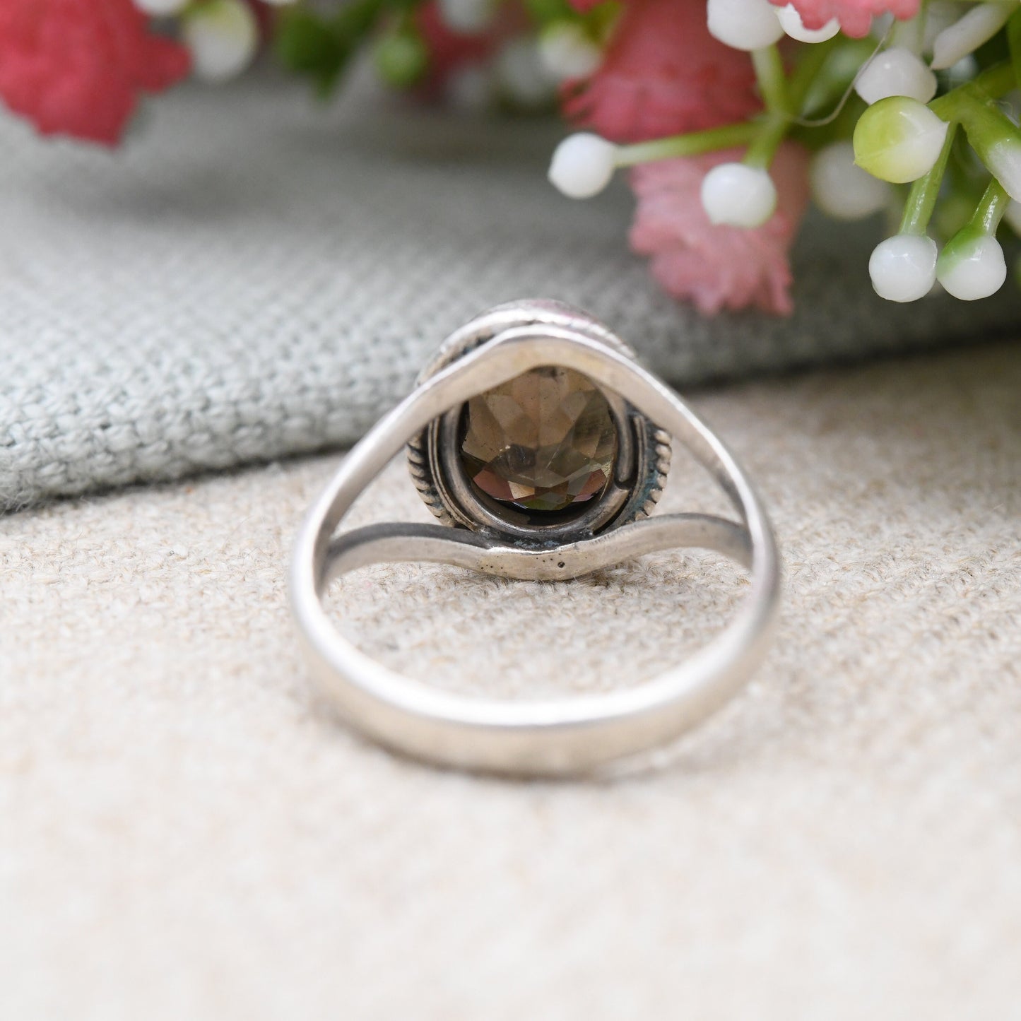 Vintage Sterling Silver Smoky Quartz Ring - Mid-Century Faceted Brown Gemstone Solitaire | UK Size - L | US Size - 5 3/4