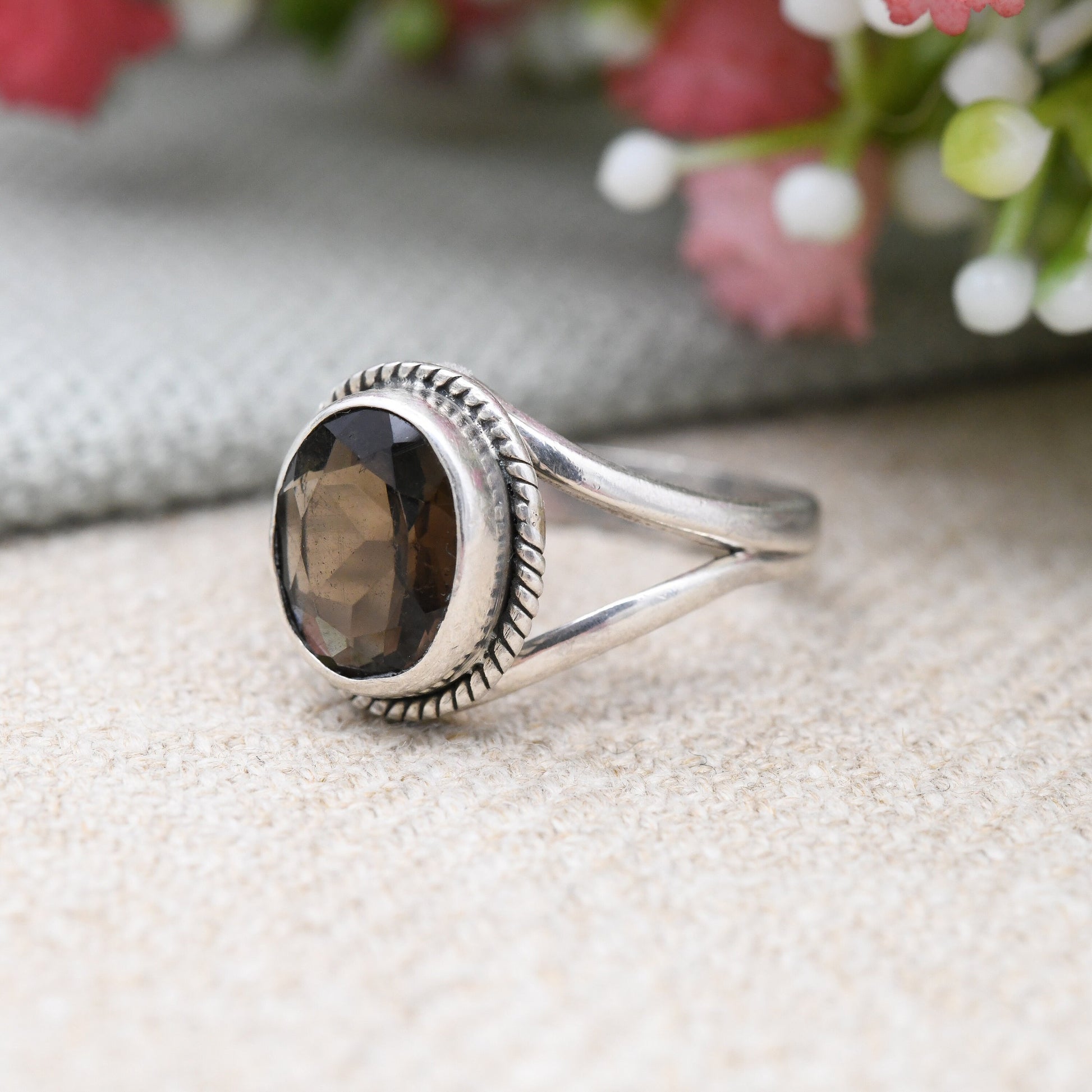 Vintage Sterling Silver Smoky Quartz Ring - Mid-Century Faceted Brown Gemstone Solitaire | UK Size - L | US Size - 5 3/4