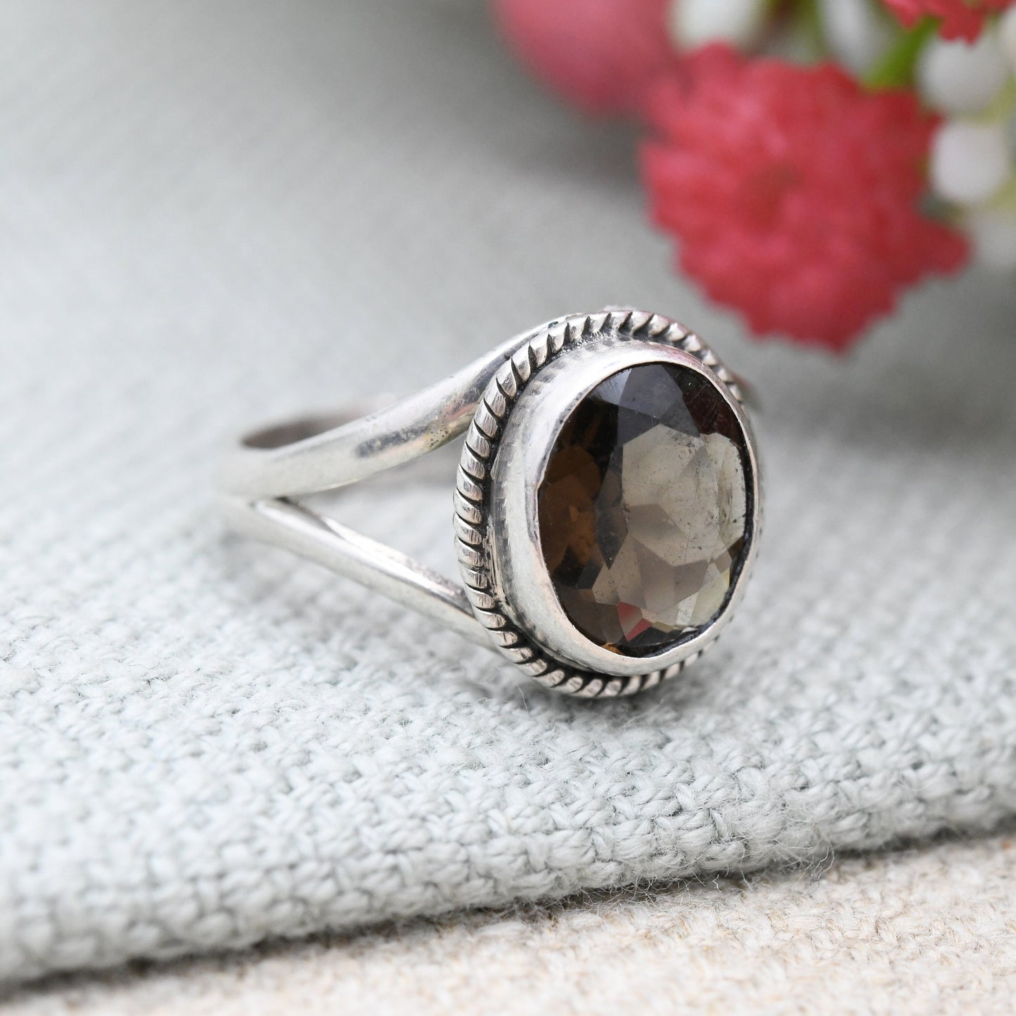 Vintage Sterling Silver Smoky Quartz Ring - Mid-Century Faceted Brown Gemstone Solitaire | UK Size - L | US Size - 5 3/4