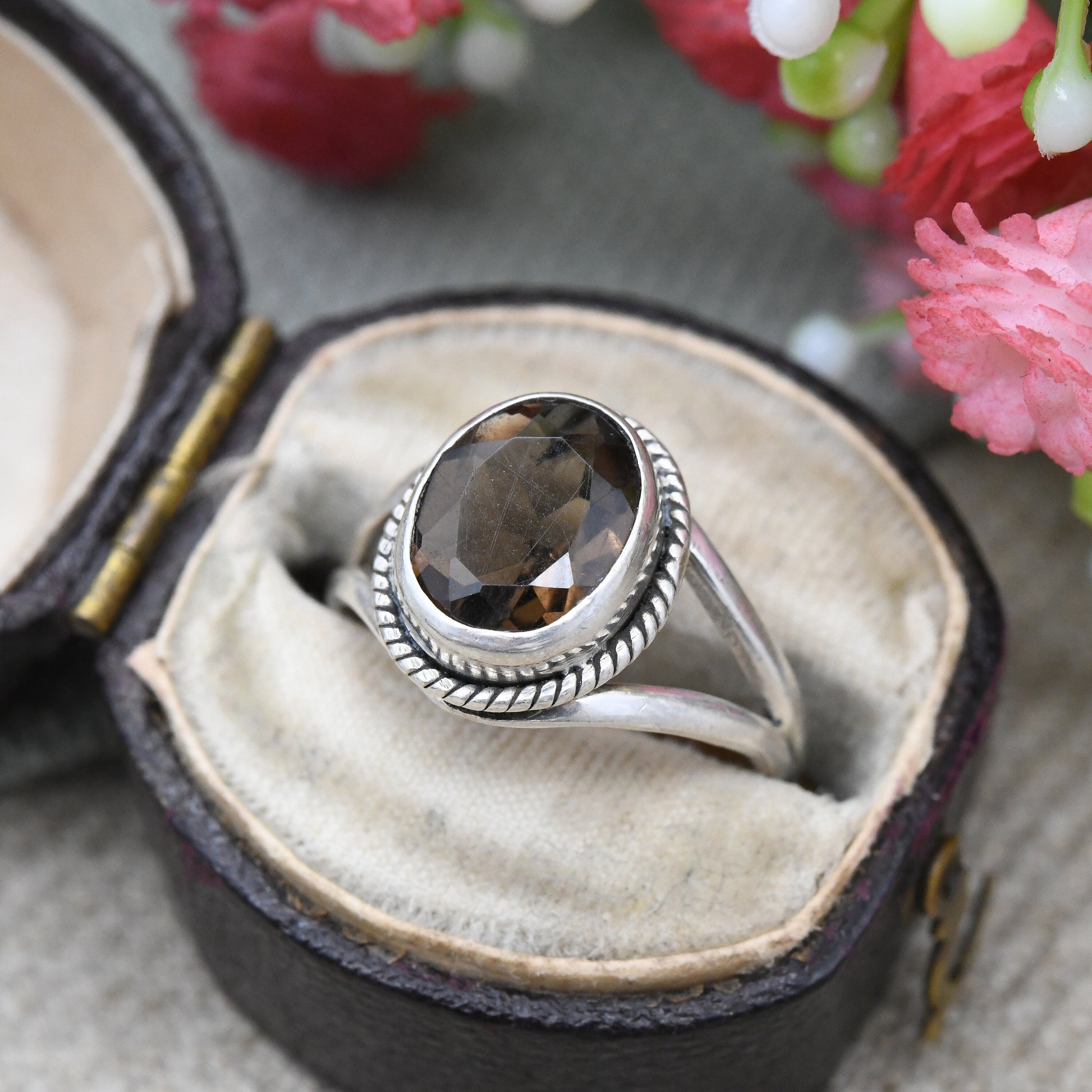 Vintage Sterling Silver Smoky Quartz Ring - Mid-Century Faceted Brown Gemstone Solitaire | UK Size - L | US Size - 5 3/4