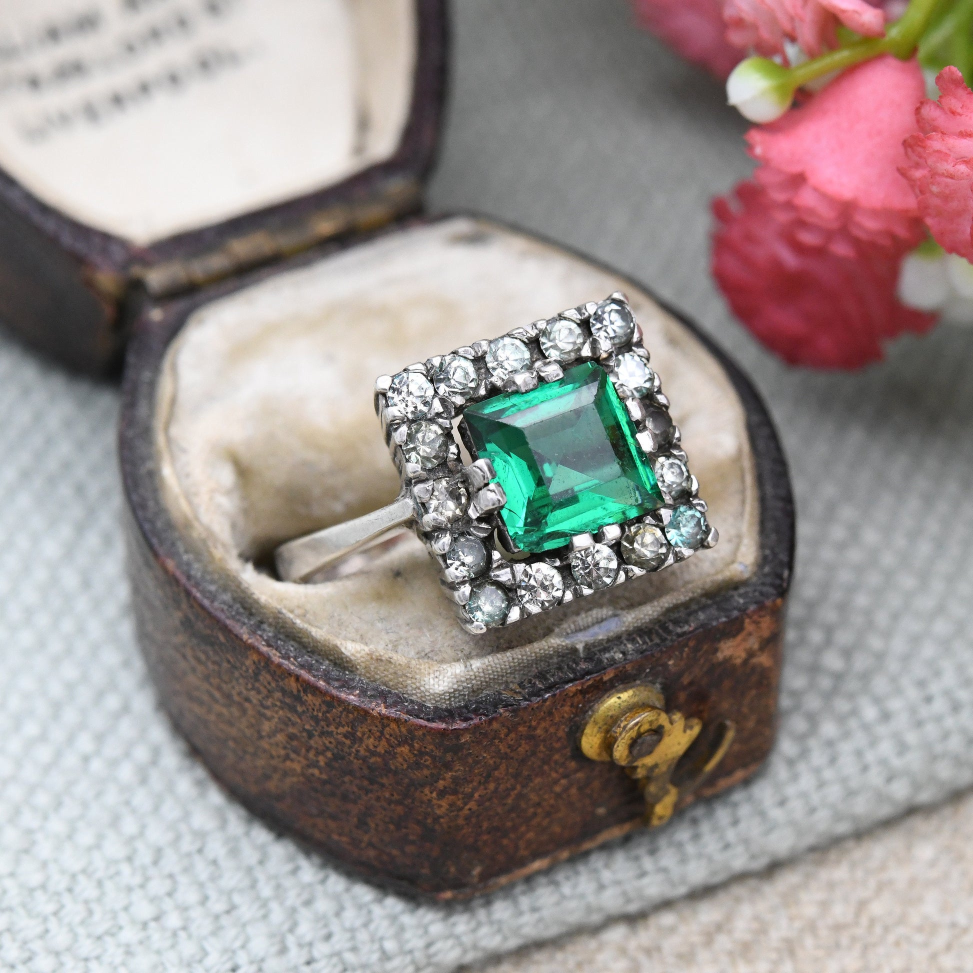 Vintage Ciro SCP Silver Paste Ring - Emerald Green Clear Stone Cocktail Ring | Square Shape | Deco Designer | UK Size - O | US Size - 7 1/4