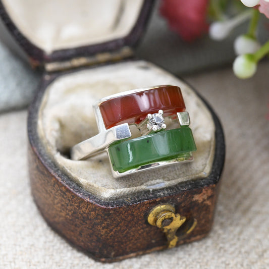 Vintage Silver Pretty Gemstone Ring - Carnelian and Nephrite | Unusual Red and Green Stones Square | Adjustable UK Size - M | US Size - 6