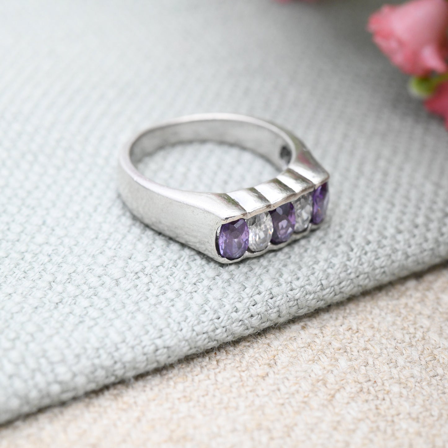 Sterling Silver Amethyst CZ Five Stone Ring - Chunky Gypsy Ring | Pretty Gift for Her | UK Size - M | US Size - 6 1/4