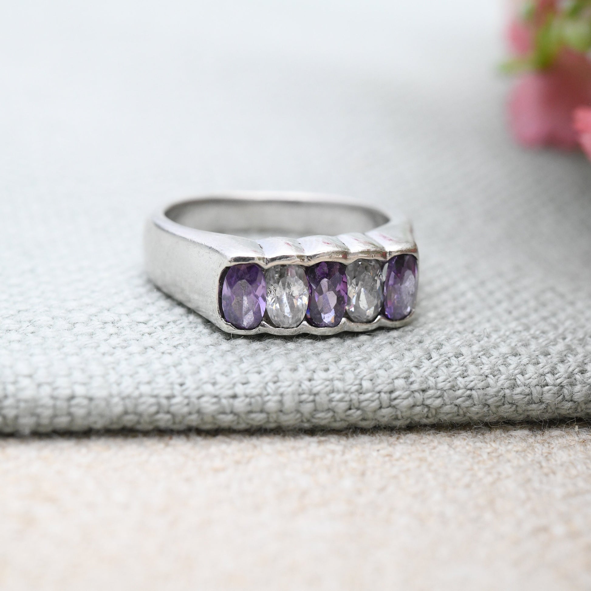 Sterling Silver Amethyst CZ Five Stone Ring - Chunky Gypsy Ring | Pretty Gift for Her | UK Size - M | US Size - 6 1/4