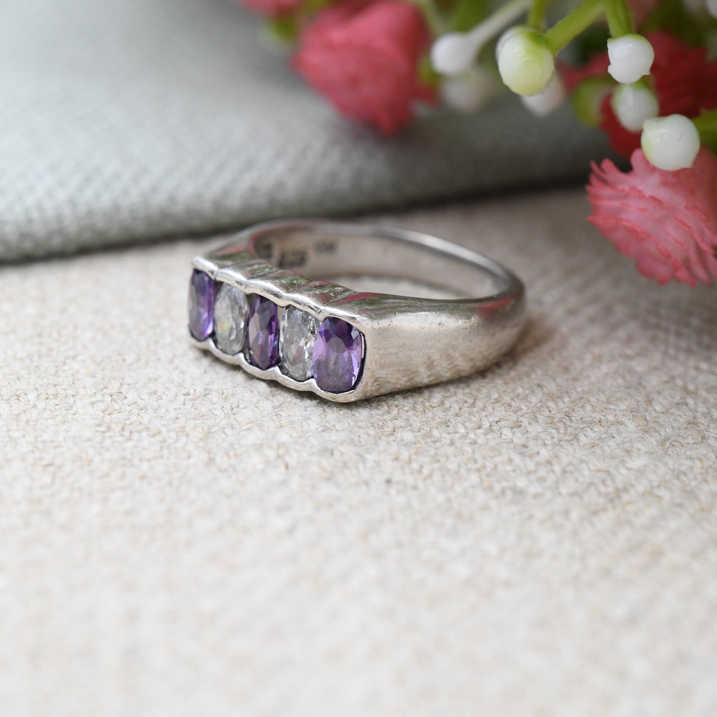 Sterling Silver Amethyst CZ Five Stone Ring - Chunky Gypsy Ring | Pretty Gift for Her | UK Size - M | US Size - 6 1/4