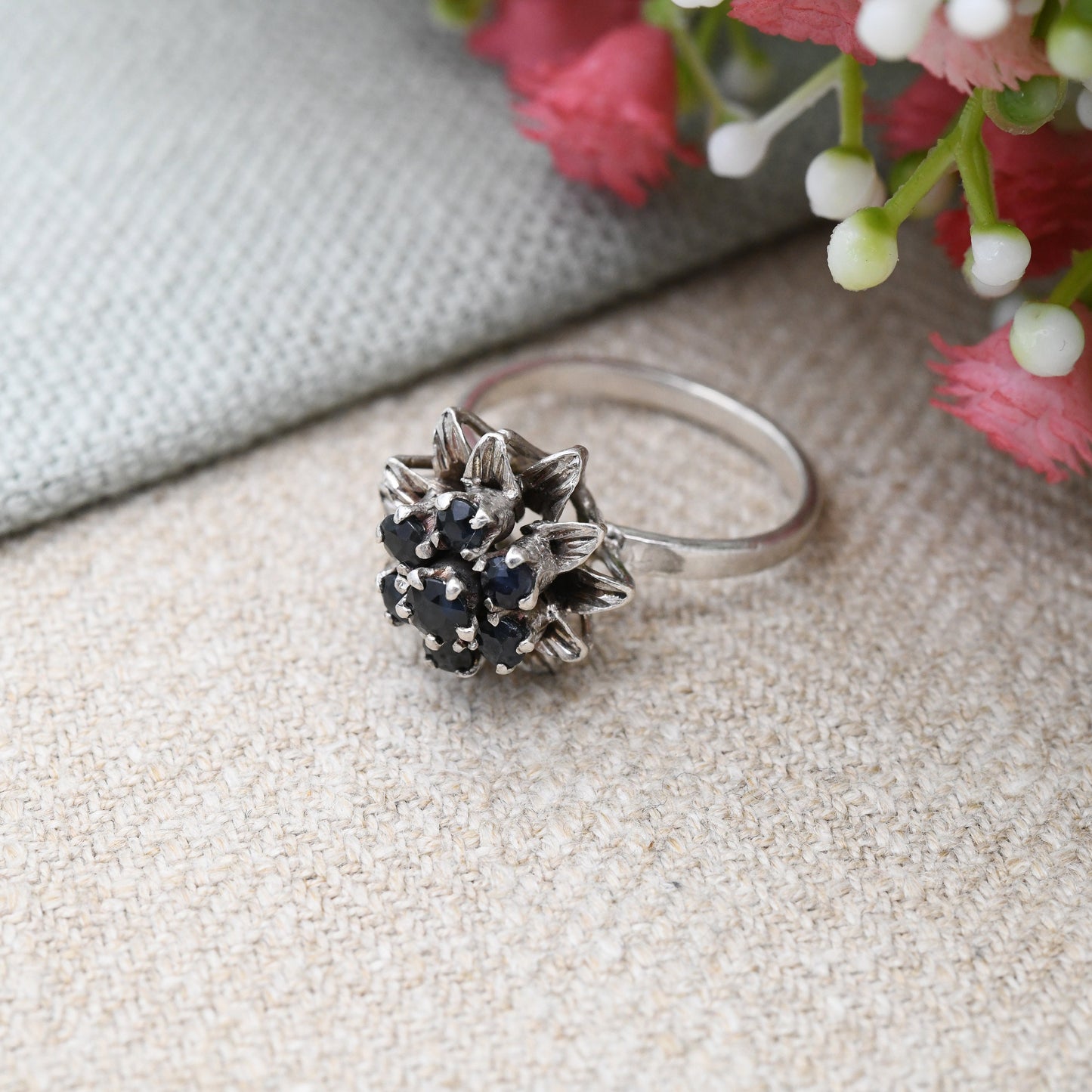 Vintage Sterling Silver Sapphire Cluster Flower Ring - Mid-Century Statement Sparkly Cocktail Ring | UK Size - N 1/2 | US Size - 6 3/4