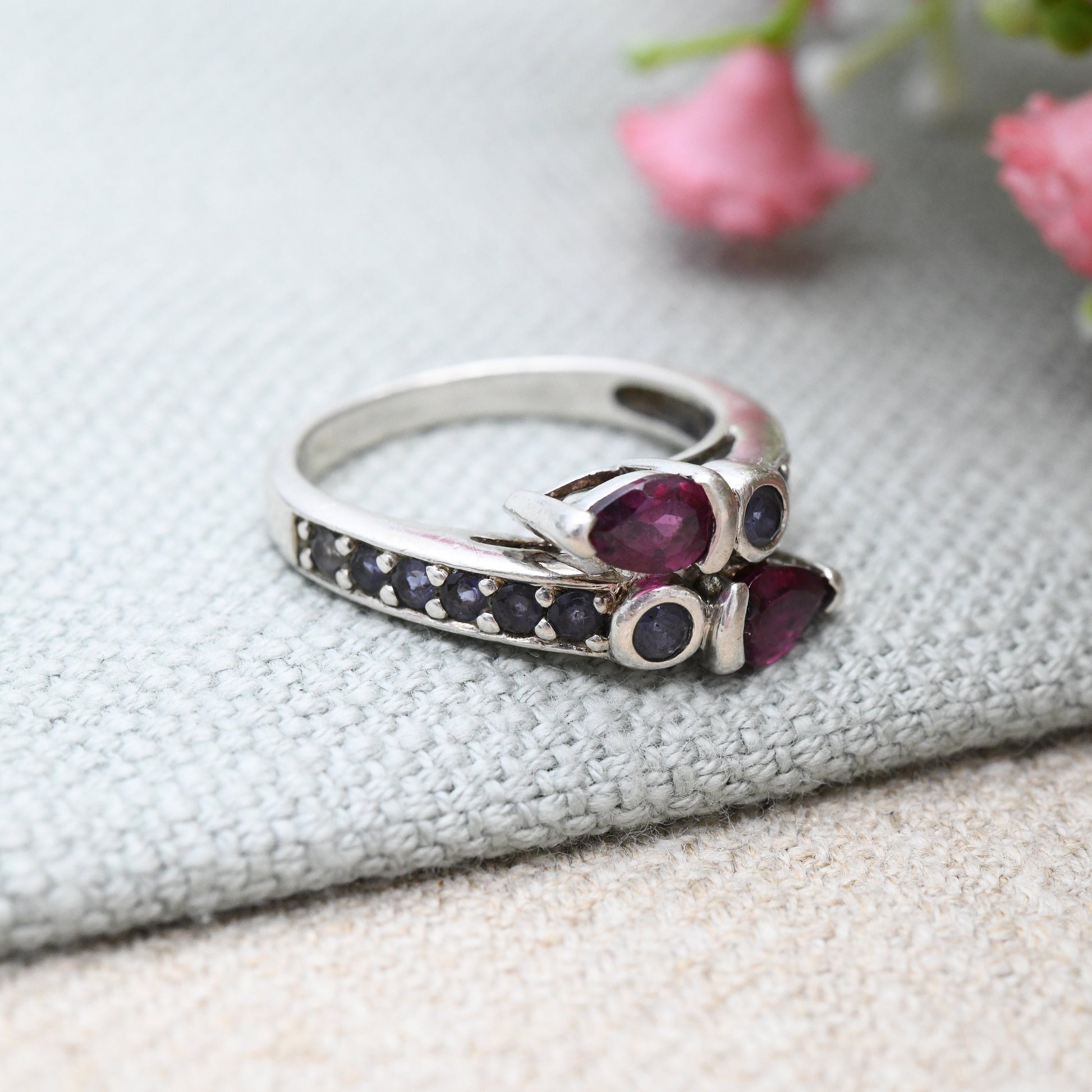 Vintage Sterling Silver Gemstone Bypass Snake Ring - Pink and Purple Gemstones | Pretty Gift Ring | UK Size - N | US Size - 6 3/4