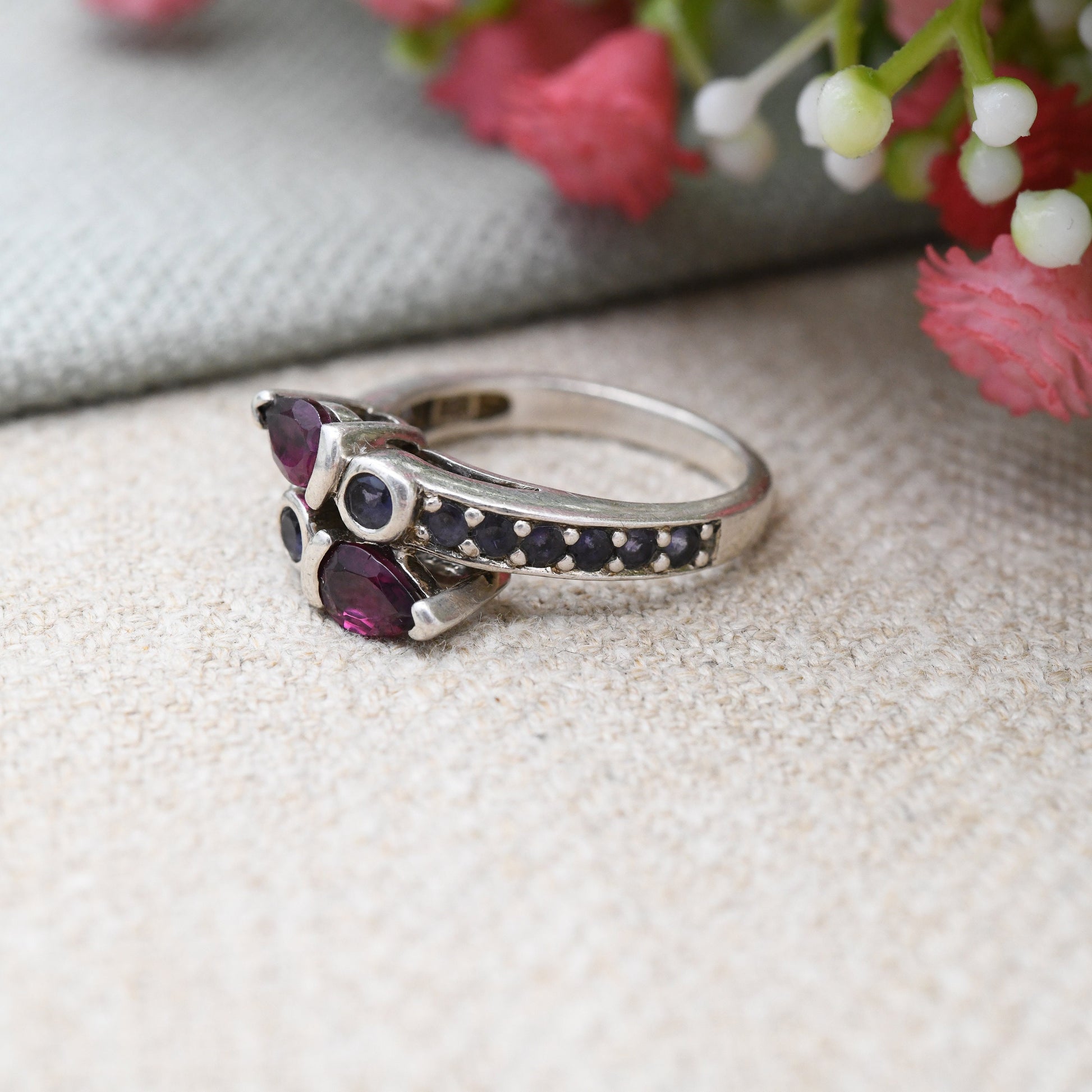 Vintage Sterling Silver Gemstone Bypass Snake Ring - Pink and Purple Gemstones | Pretty Gift Ring | UK Size - N | US Size - 6 3/4