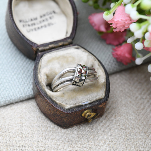 Vintage Sterling Silver Marcasite Ring with Wave Split Band - Sparkly Stone Ring | Chunky Pinkie Ring | UK Size - M | US Size - 6