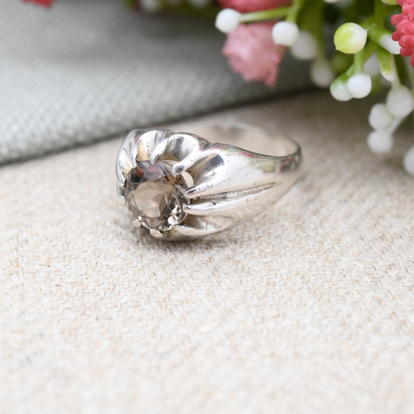 Vintage Sterling Silver Smoky Quartz Ring - Chunky Mid-Century Modernist Design 1970s Claw Setting Faceted | UK Size - S | US Size - 9