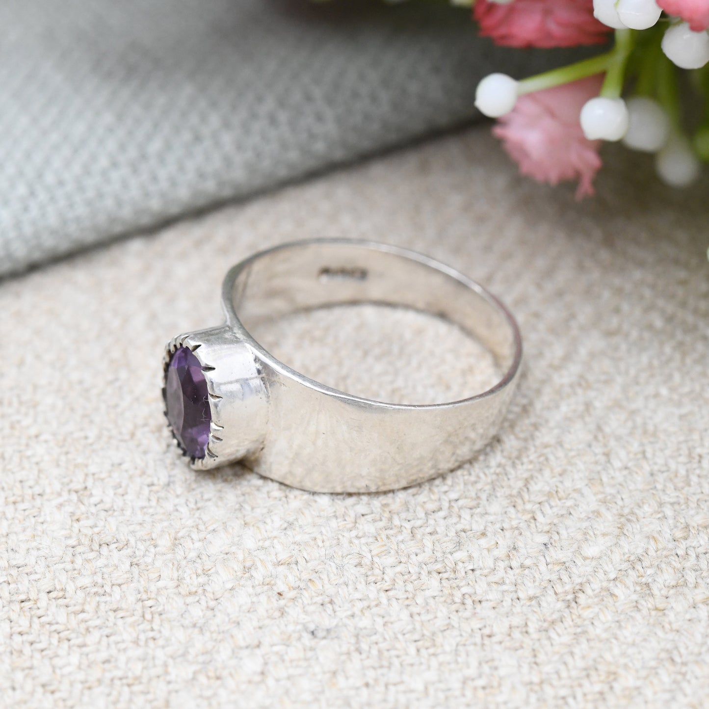 Vintage Mid-Century Sterling Silver Amethyst Ring 1977 - Chunky Large Purple Stone Solitaire | Modernist | UK Size - P | US Size - 7 1/2