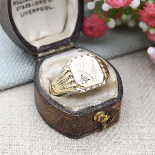 Vintage Gold Plated Sterling Silver Signet Ring Star Set Sunburst Design - Unisex Signet | Art Deco Style | UK Size - R | US Size - 8 1/2