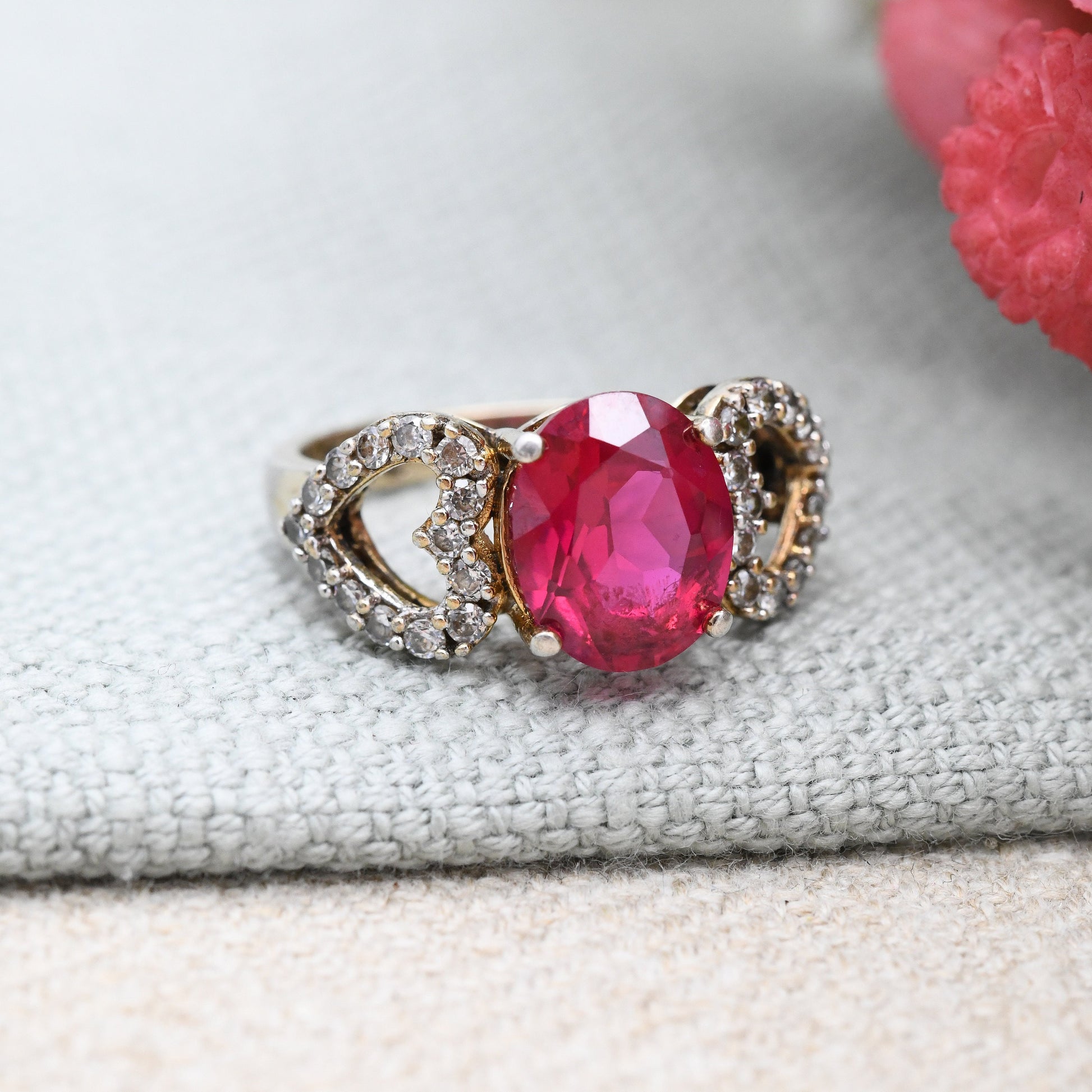 Vintage Sterling Silver Love Always Heart Ring CZ - Pink Stone with Love Heart Shoulders Pretty Gift for Her | UK Size - M | US Size - 6 1/4