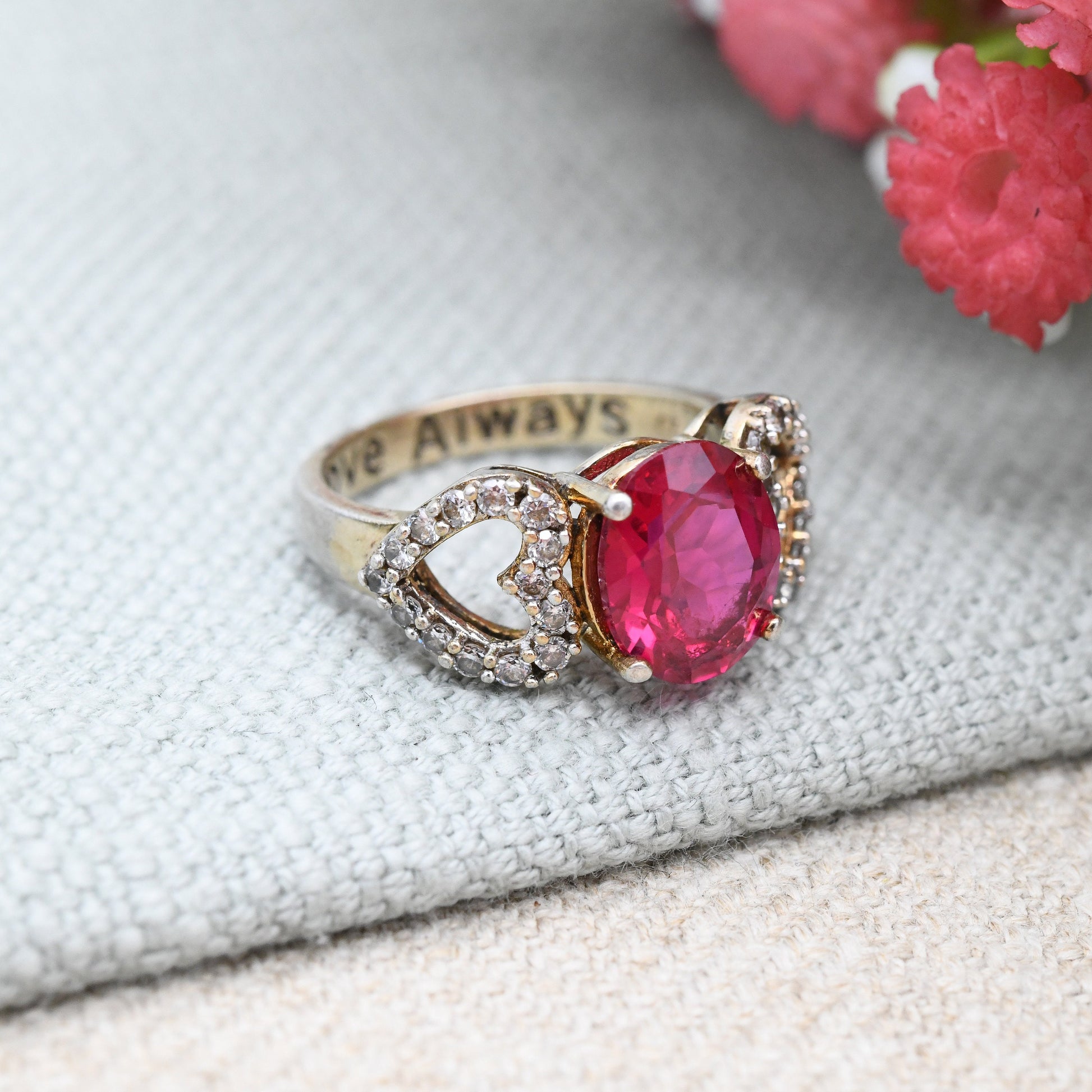 Vintage Sterling Silver Love Always Heart Ring CZ - Pink Stone with Love Heart Shoulders Pretty Gift for Her | UK Size - M | US Size - 6 1/4